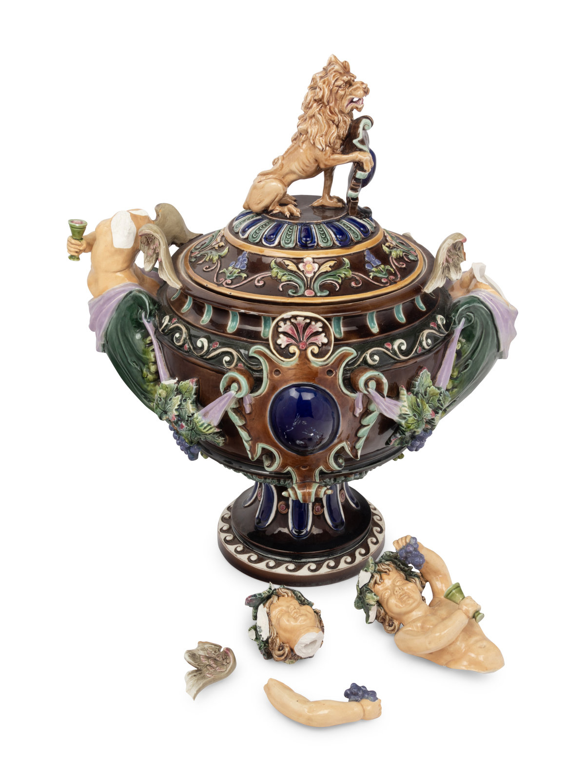 Appraisal: A Continental Majolica Covered Urn As-Is th Century Height x