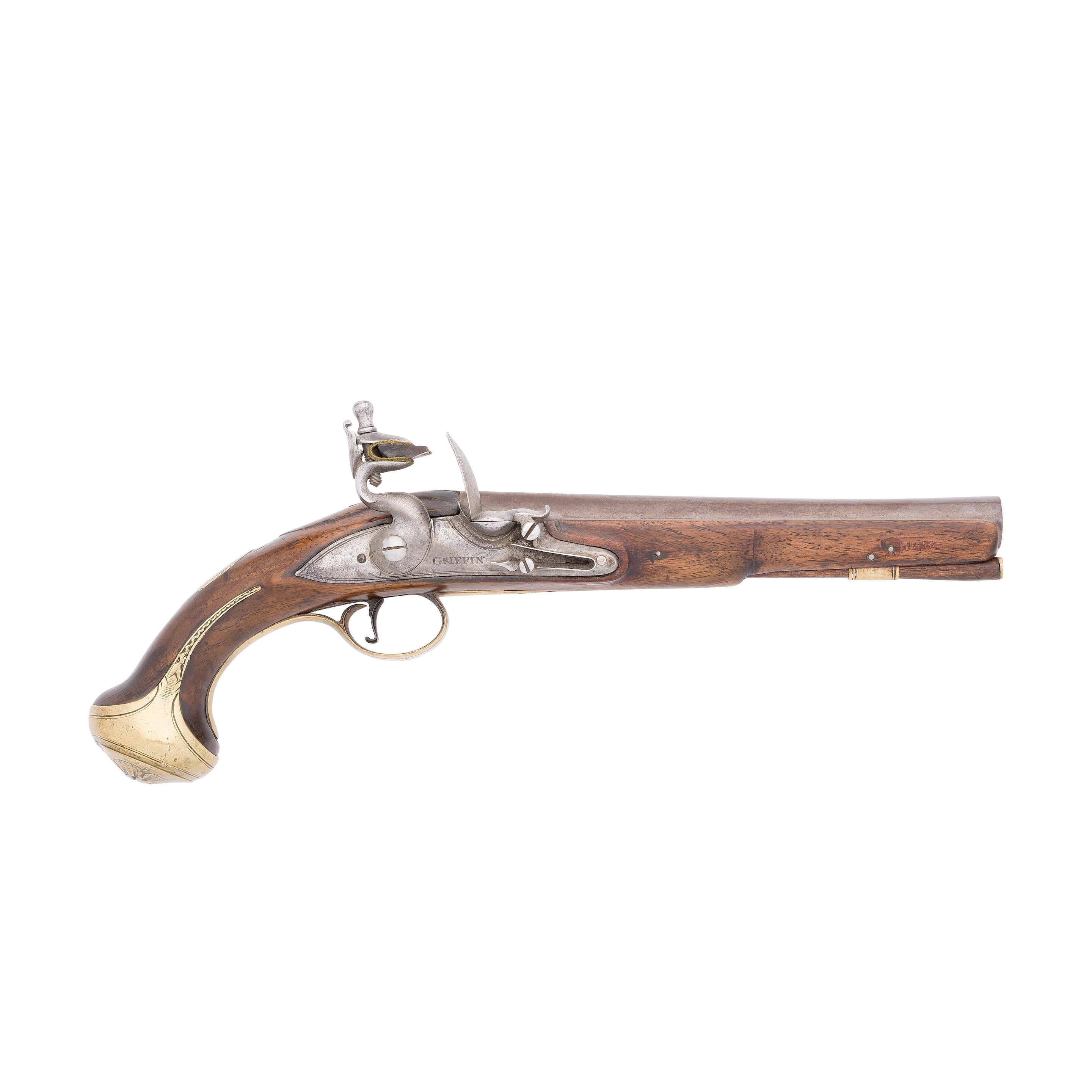 Appraisal: AN -BORE FLINTLOCK BRASS-MOUNTED PISTOL BY GRIFFIN BOND STREET LONDON