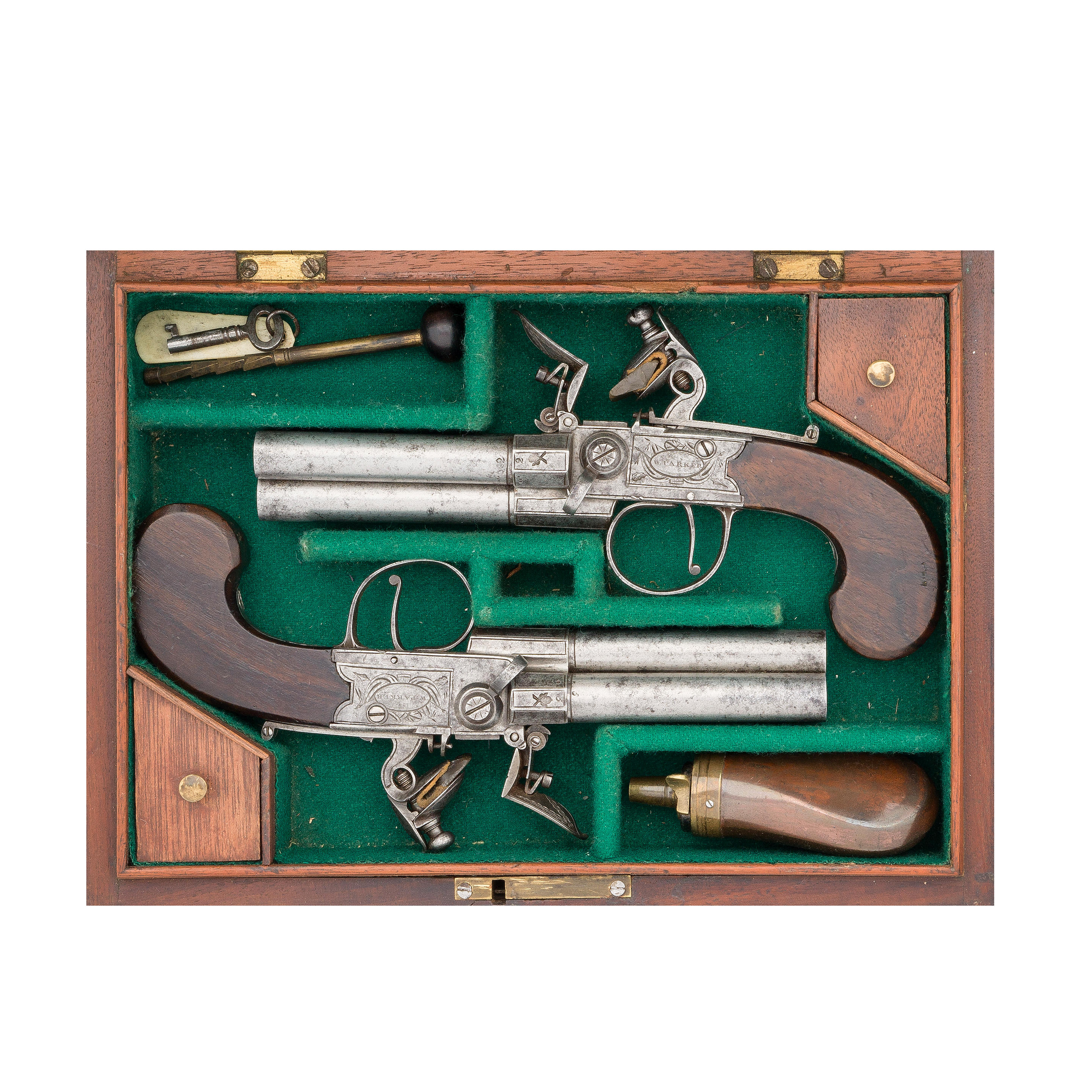 Appraisal: A CASED PAIR OF RARE -BORE FLINTLOCK BOX-LOCK THREE-BARRELLED TAP-ACTION