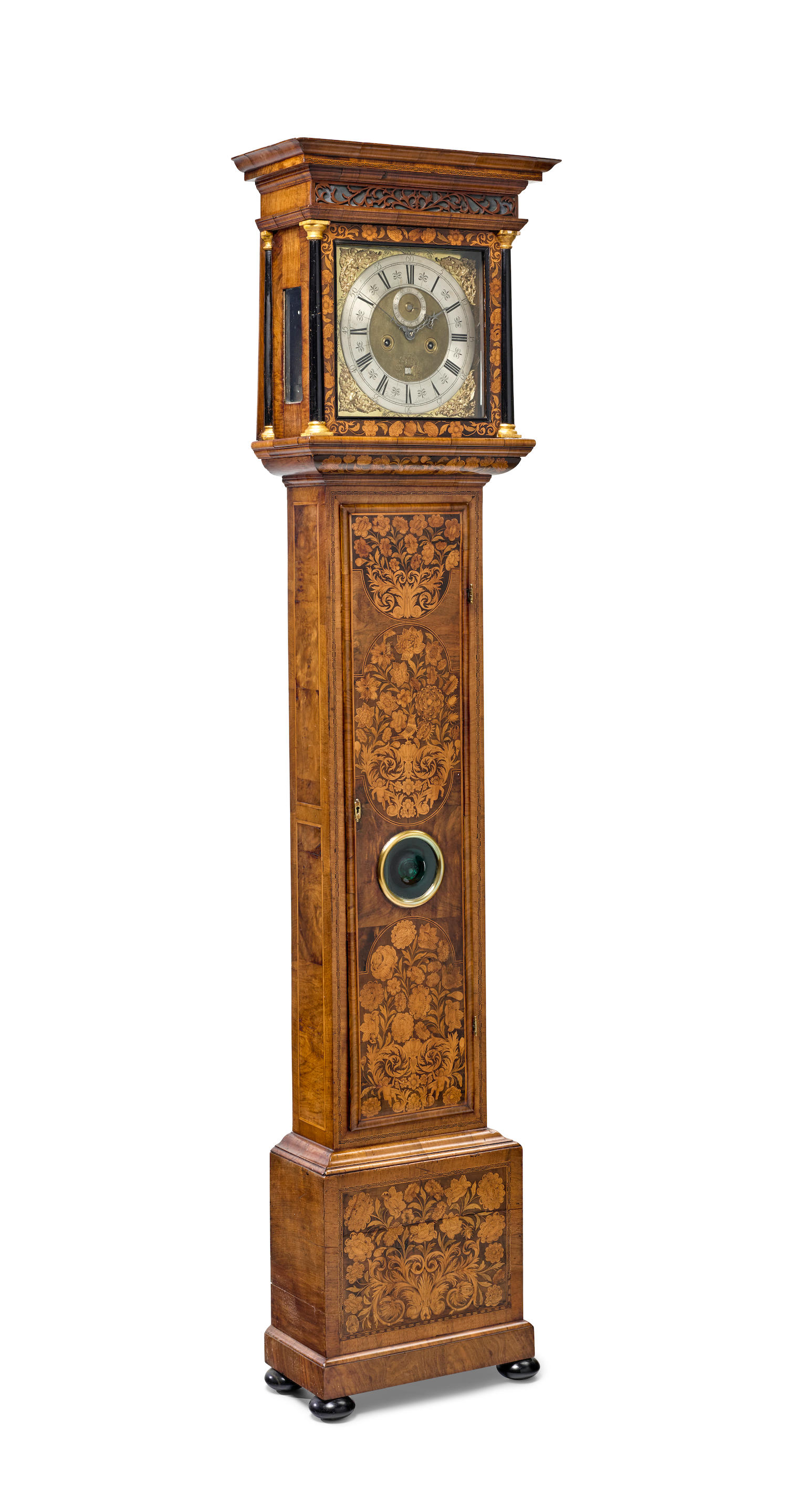 Appraisal: A WALNUT FLORAL MARQUETRY TALL CASE CLOCK Signed Benj Merriman