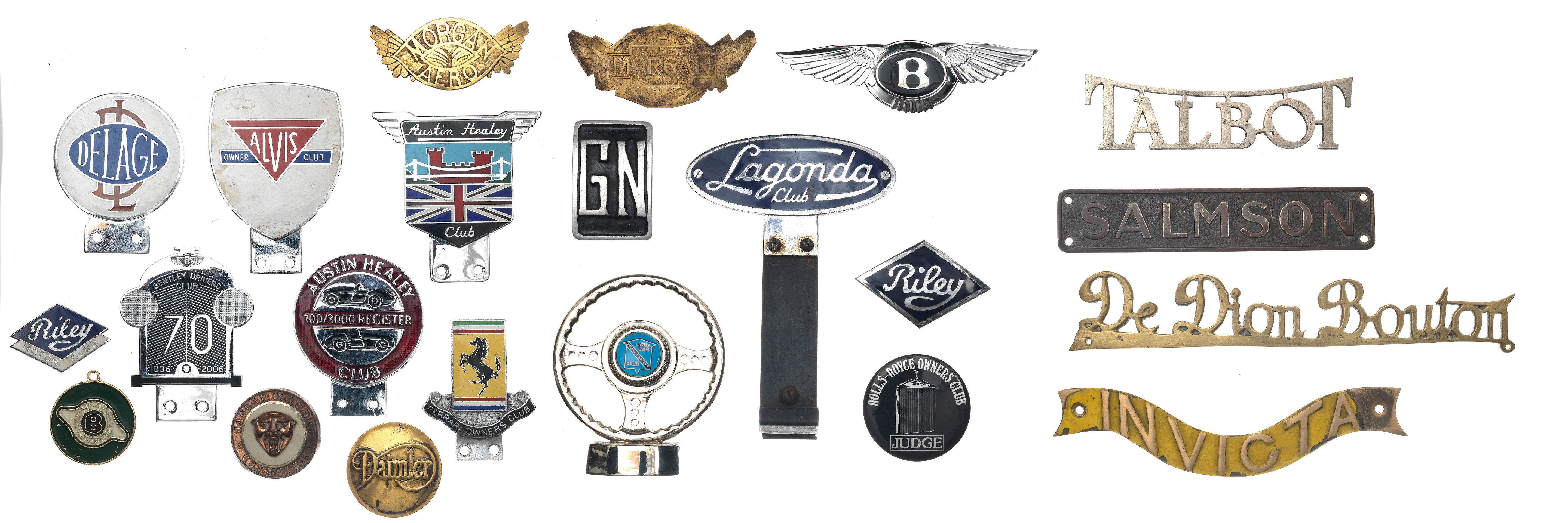 Appraisal: ASSORTED CAR BADGES PLAQUES AND SCRIPTS including enamel motoring club