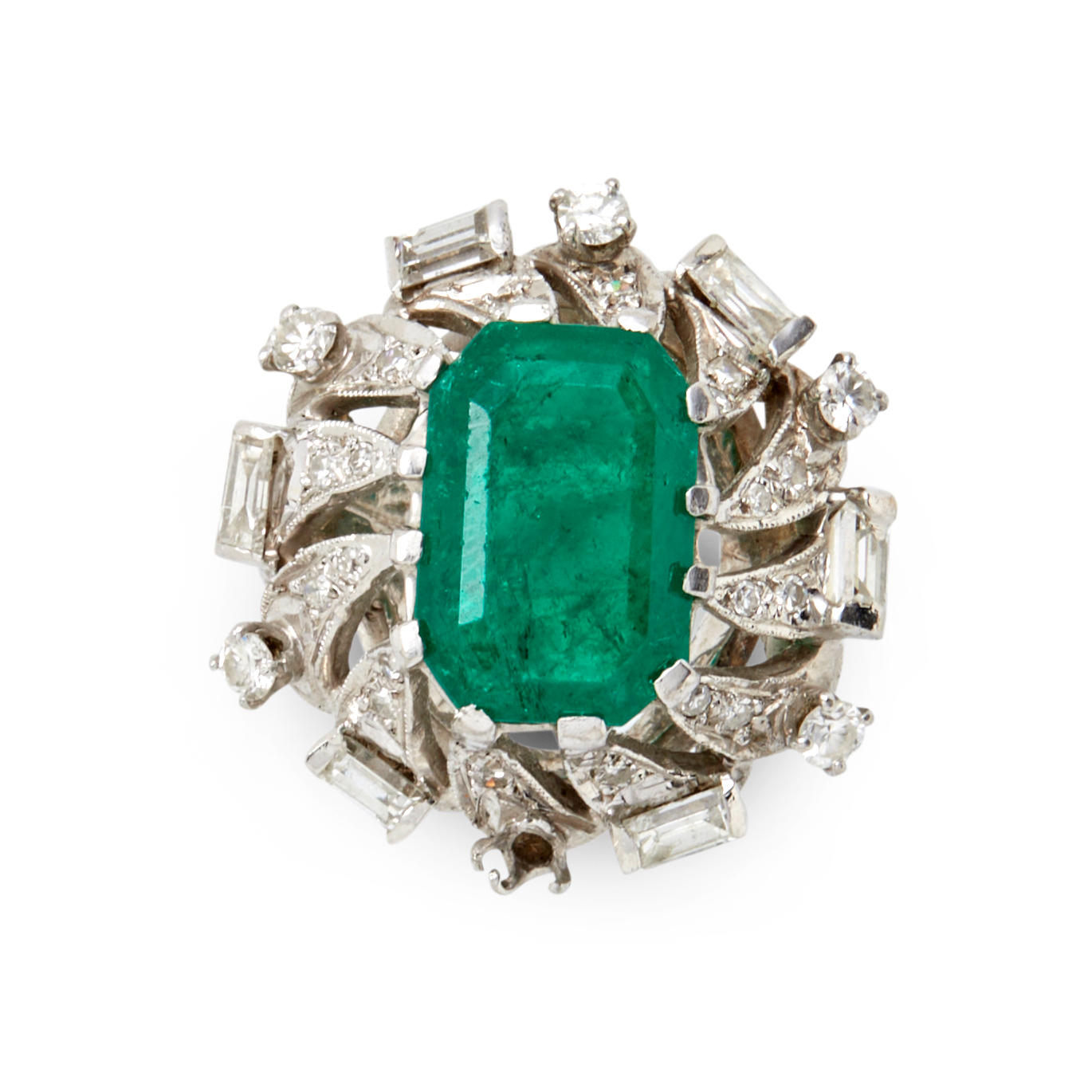 Appraisal: A K WHITE GOLD EMERALD AND DIAMOND RING Centering an