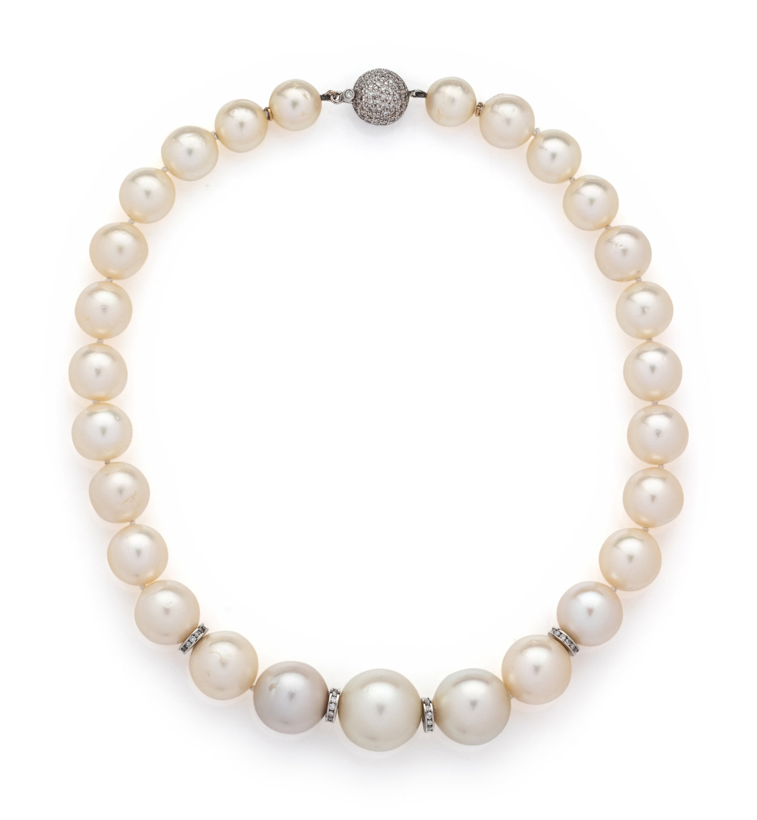 Appraisal: CULTURED SOUTH SEA PEARL AND DIAMOND NECKLACE Containing graduating South