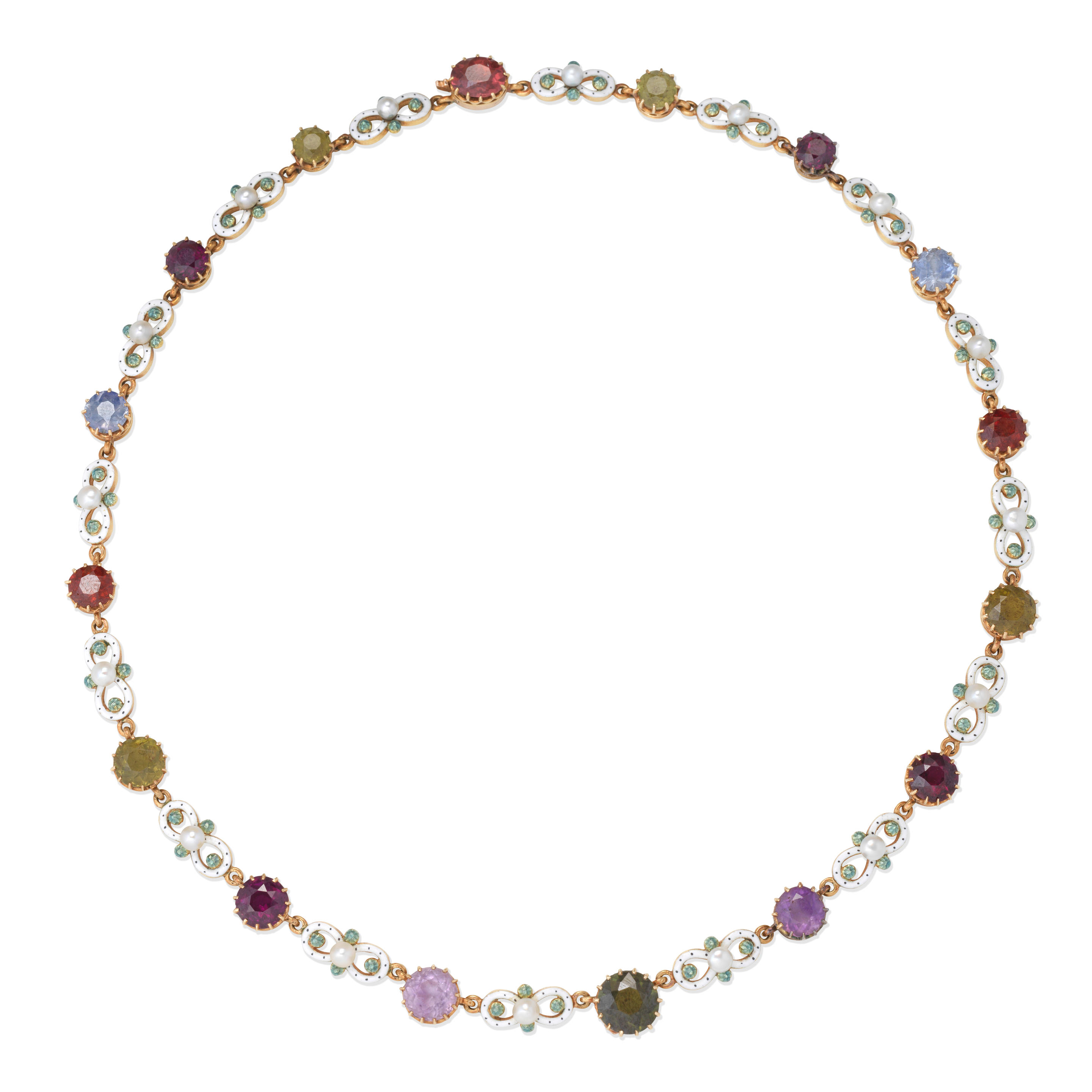 Appraisal: GEM-SET AND ENAMEL NECKLACE CIRCA Set with circular-cut vari-coloured gemstones