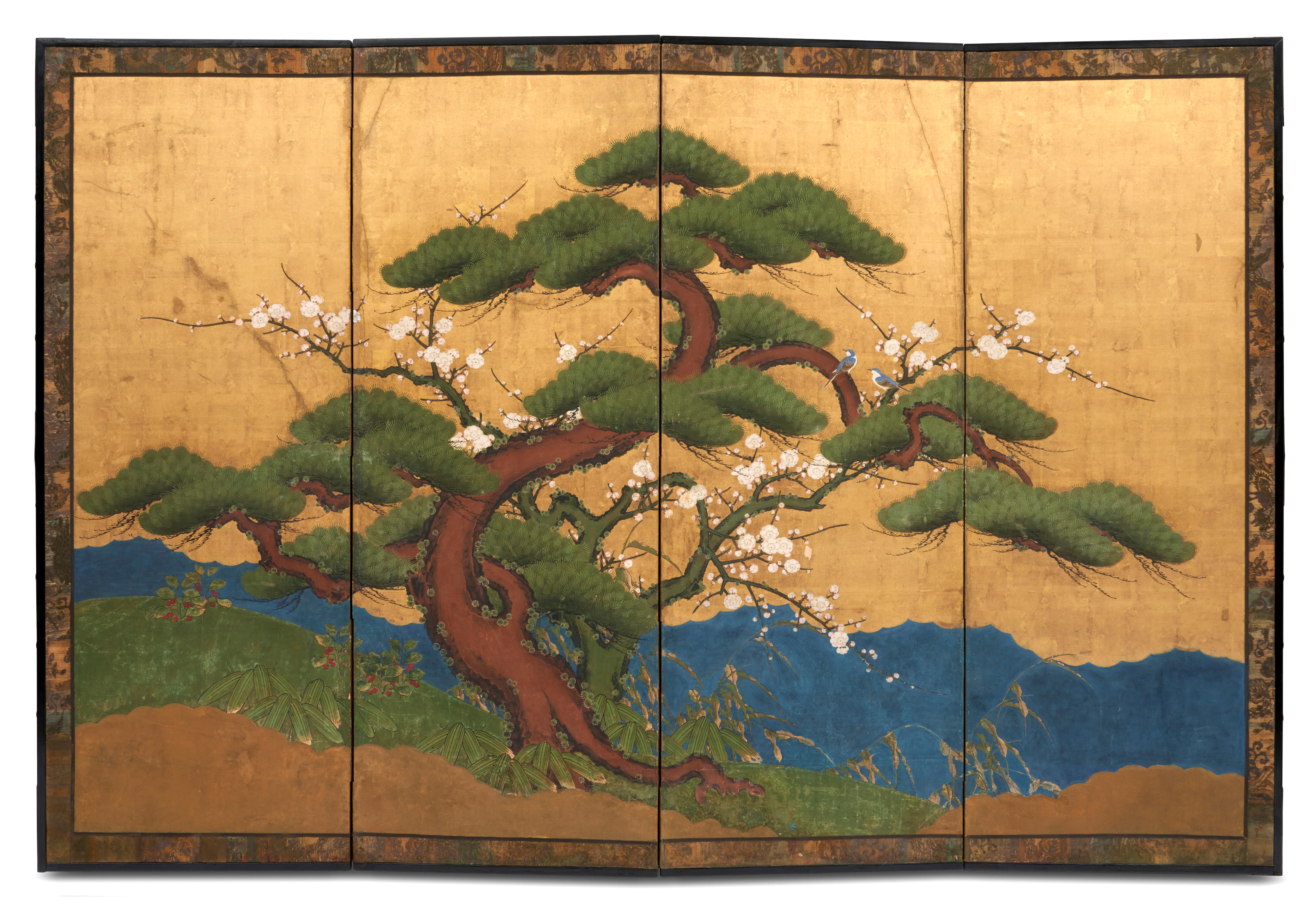 Appraisal: A FOUR-PANEL FOLDING SCREEN DEPICTING THE THREE FRIENDS OF WINTER