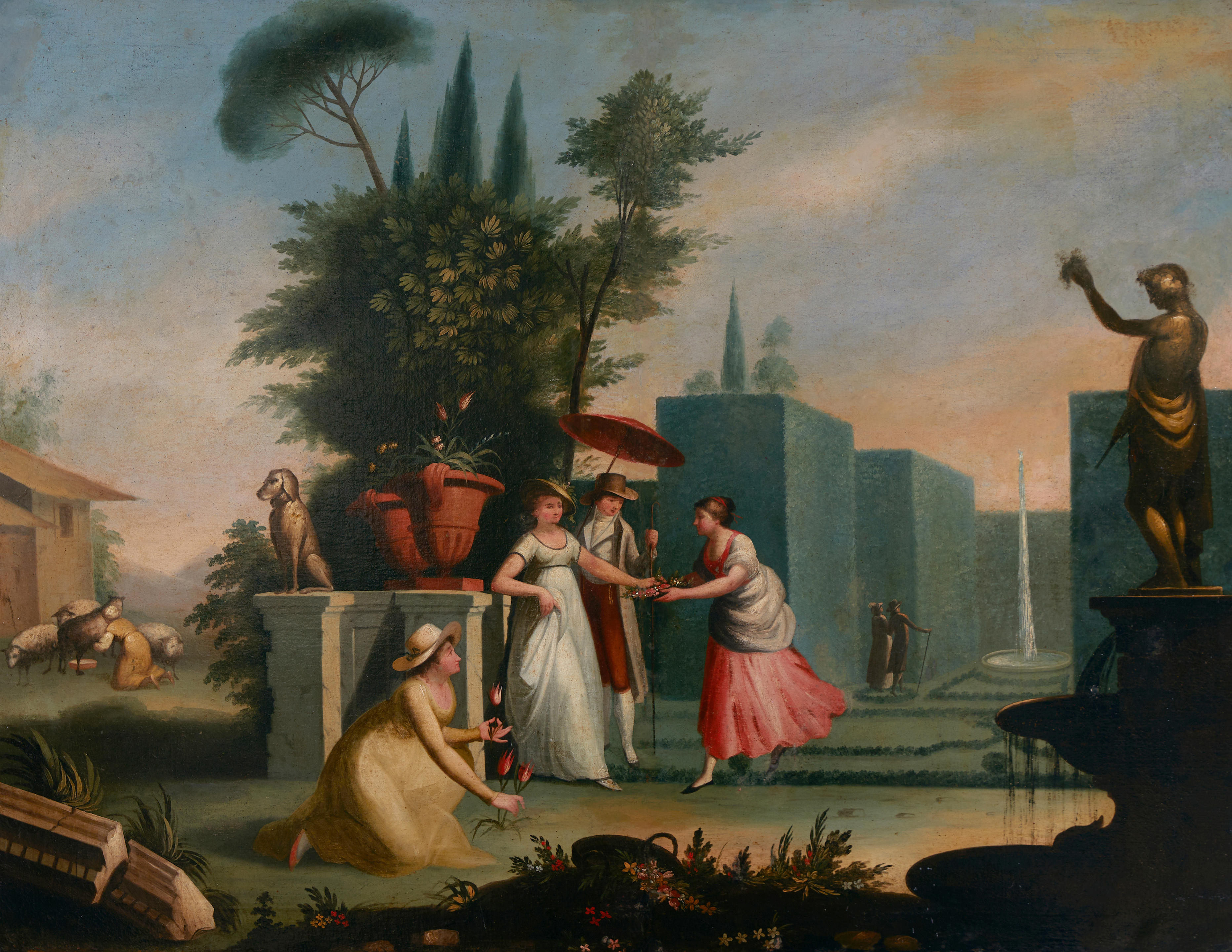 Appraisal: ITALIAN SCHOOL TH CENTURY British tourists in an Italianate garden