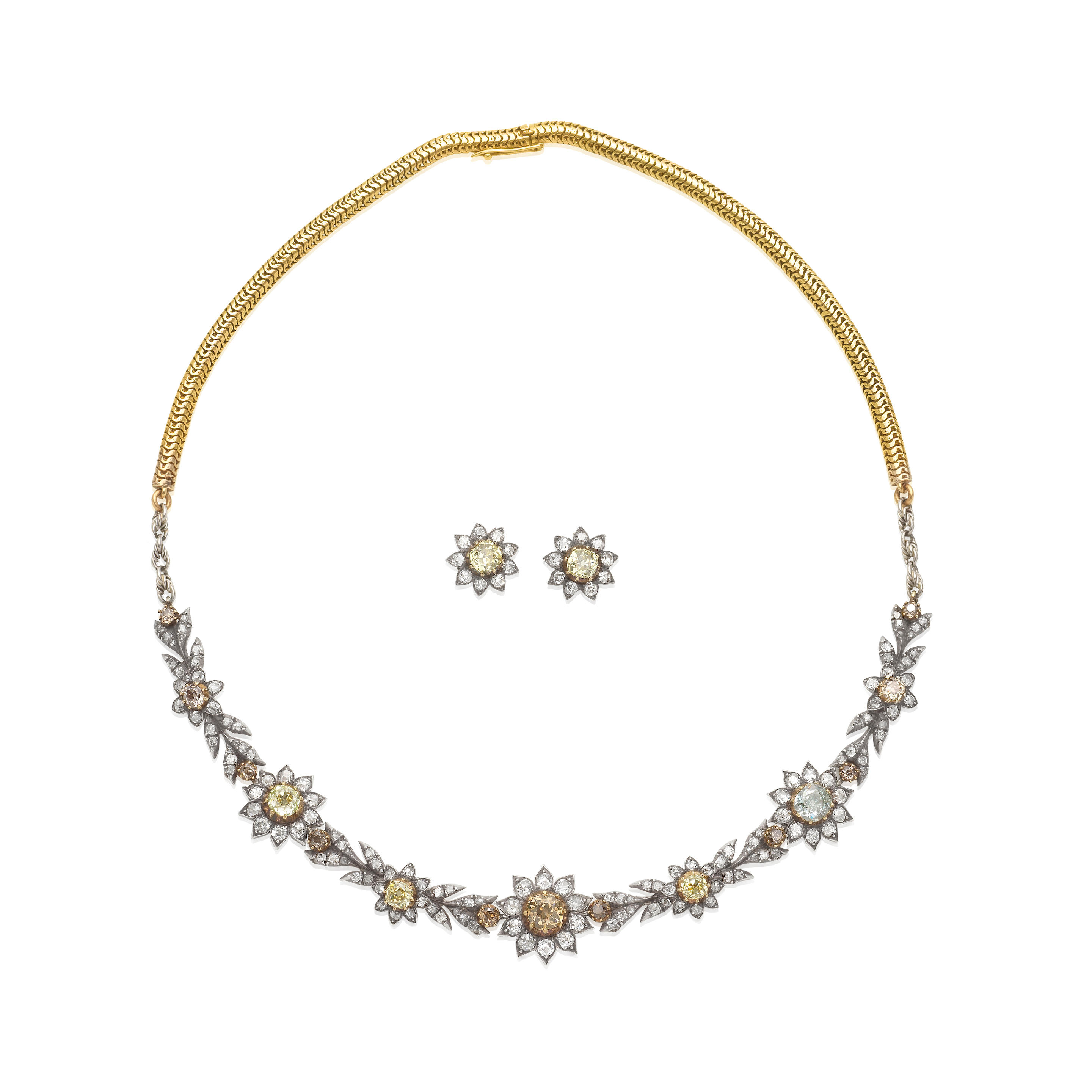 Appraisal: DIAMOND AND COLOURED DIAMOND NECKLACE AND EARRING SUITE Of floral