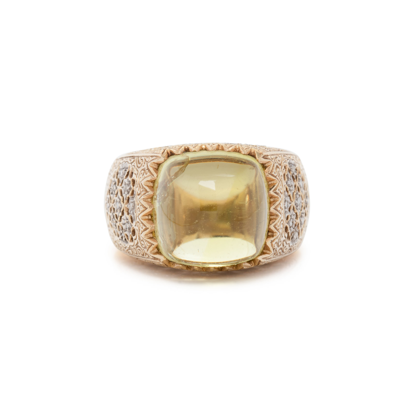 Appraisal: BICOLOR GOLD PERIDOT AND DIAMOND RING Cushion shaped cabochon peridot