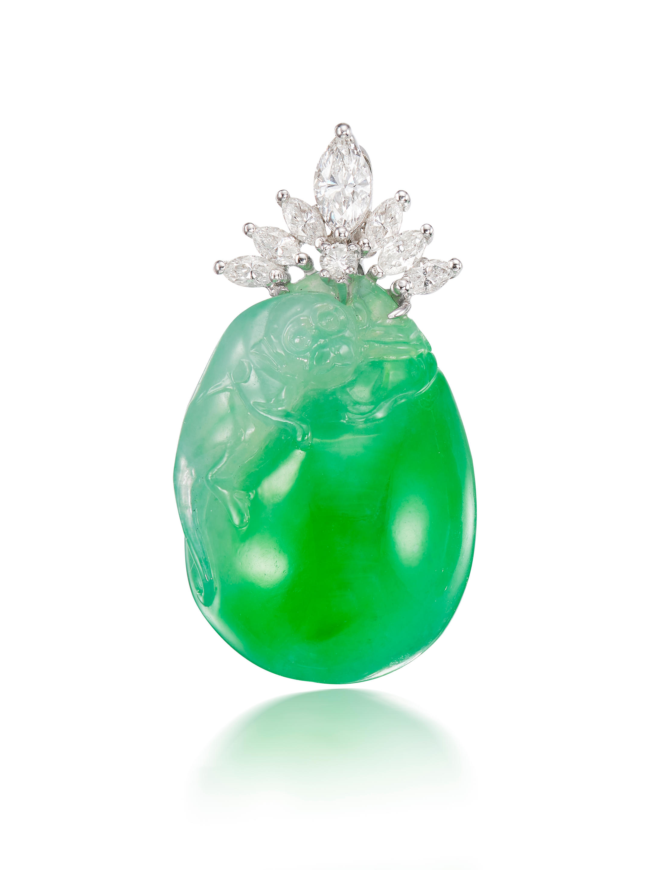 Appraisal: JADEITE 'MONKEY AND PEACH' AND DIAMOND PENDANT The carved jadeite