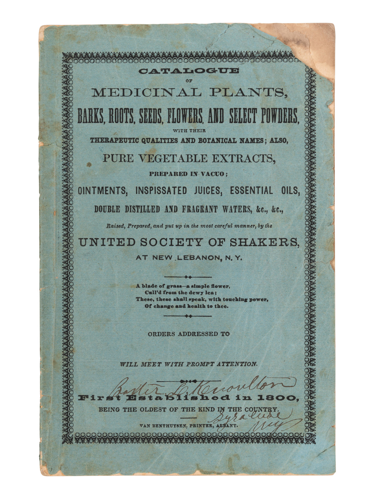 Appraisal: SHAKERS Catalogue of Medicinal Plants Barks Roots Seeds Flowers and