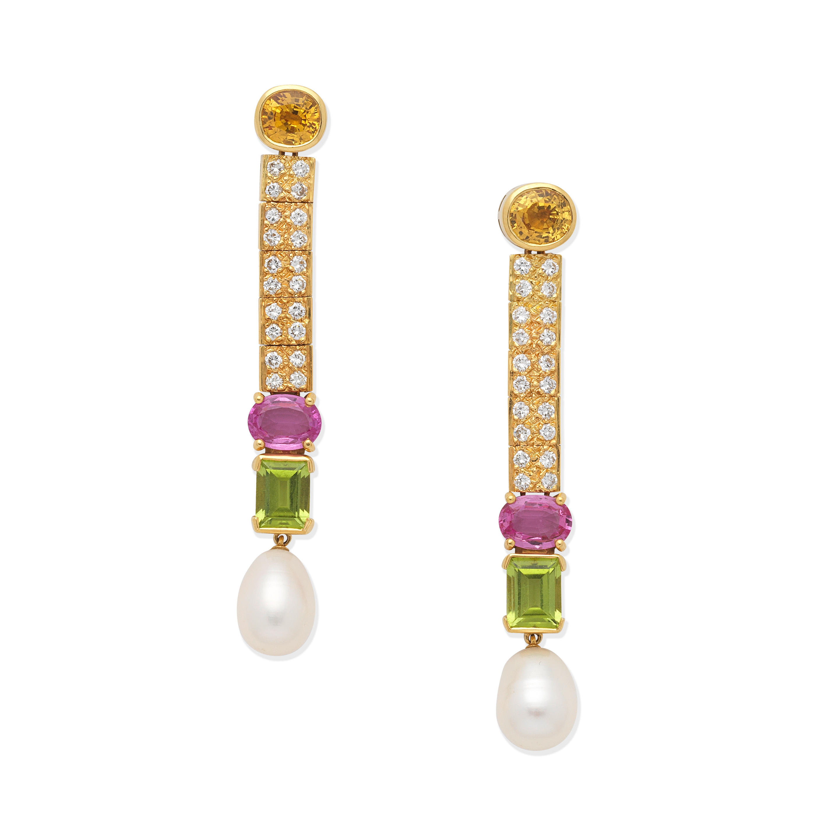 Appraisal: DIAMOND AND GEM-SET PENDENT EARRINGS Each cushion-shaped yellow sapphire surmount