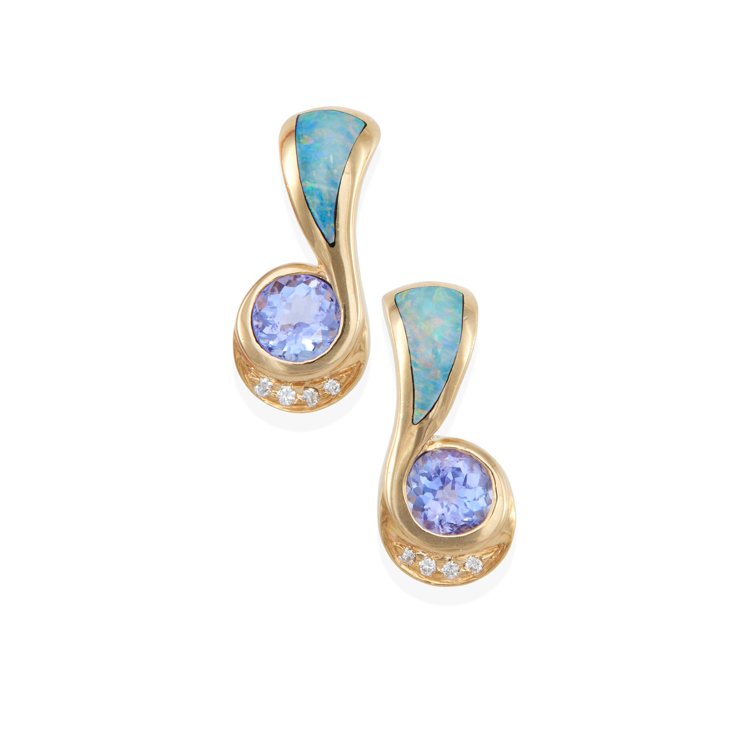 Appraisal: A PAIR OF K GOLD TANZANITE OPAL AND DIAMOND EARRINGS