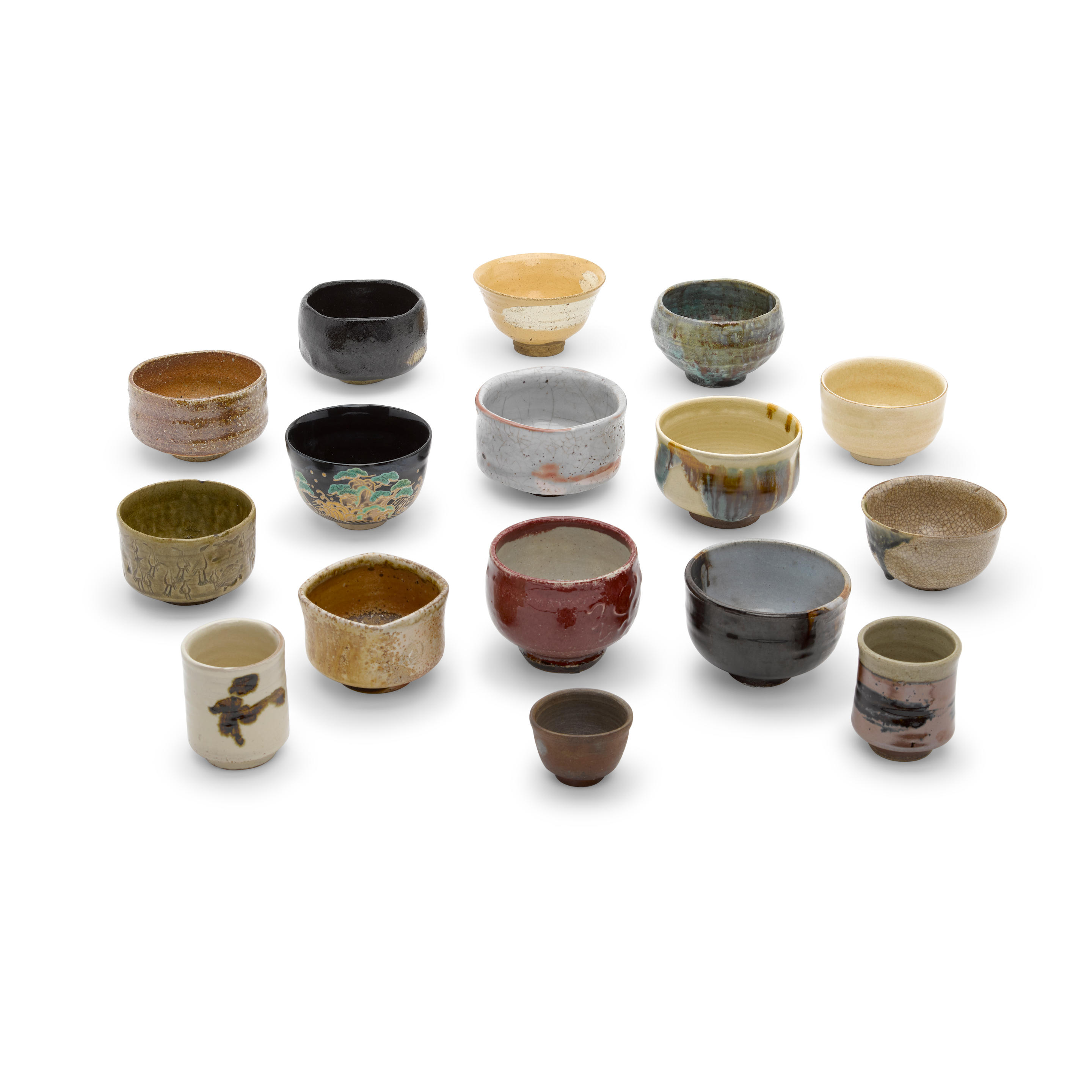 Appraisal: A GROUP OF SIXTEEN JAPANESE CERAMIC TEABOWLS Of varying shapes