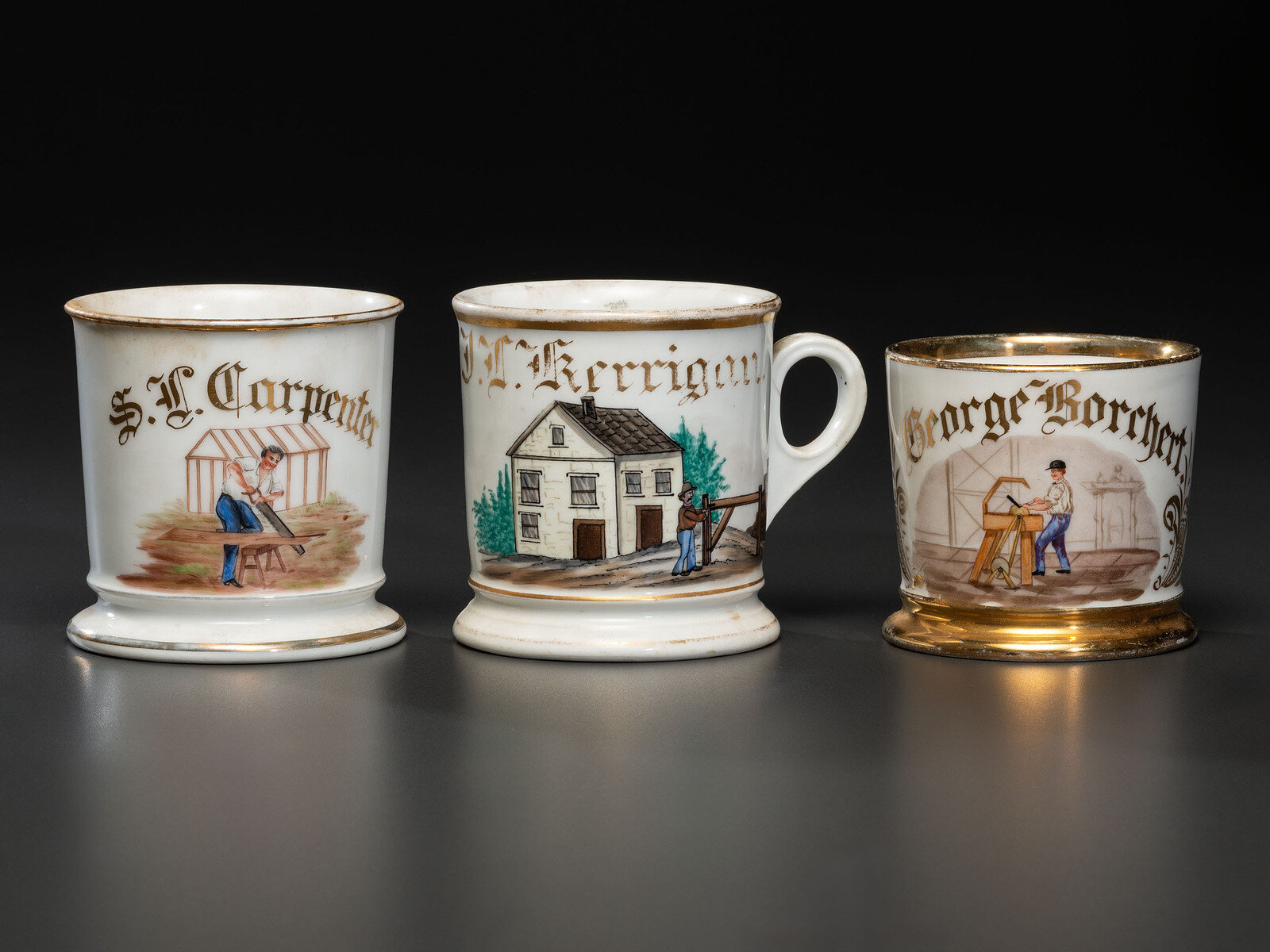 Appraisal: Three Carpentry Related Porcelain Occupational Shaving Mugs Late th th