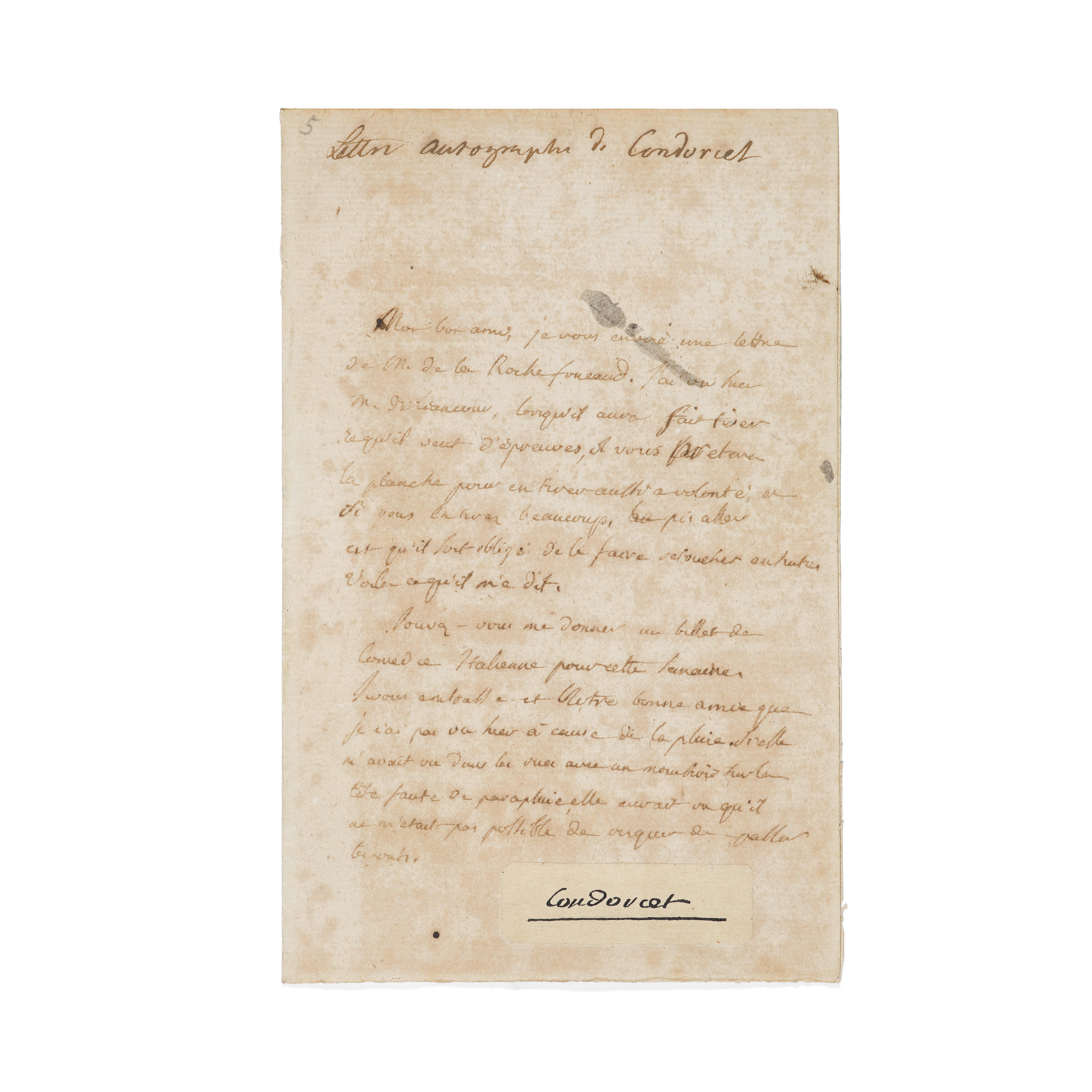 Appraisal: CONDORCET MARIE JEAN ANTIONE NICOLAS DE - Manuscript letter with