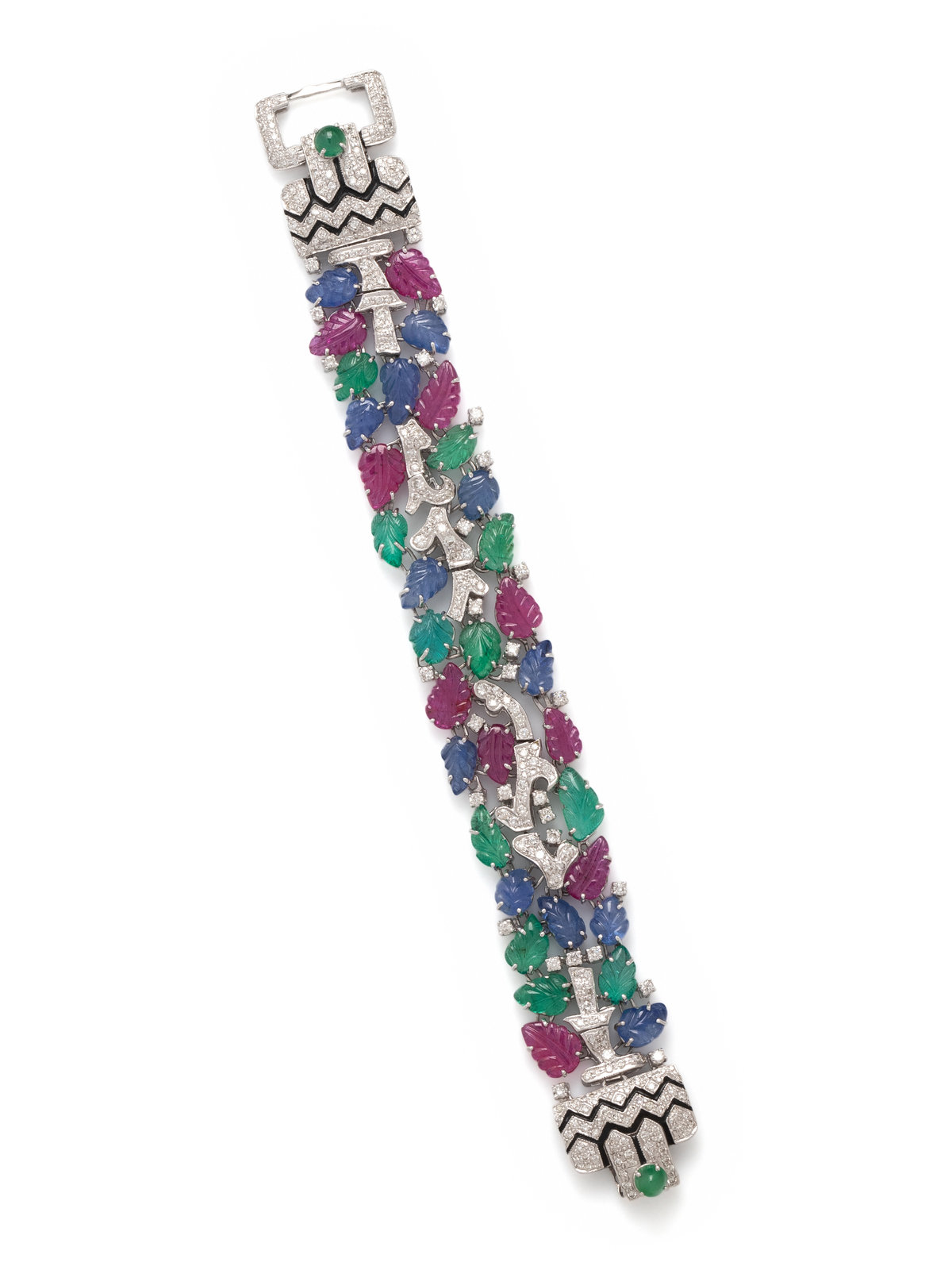 Appraisal: CARVED MULTIGEM DIAMOND AND ENAMEL BRACELET In a Tutti Frutti