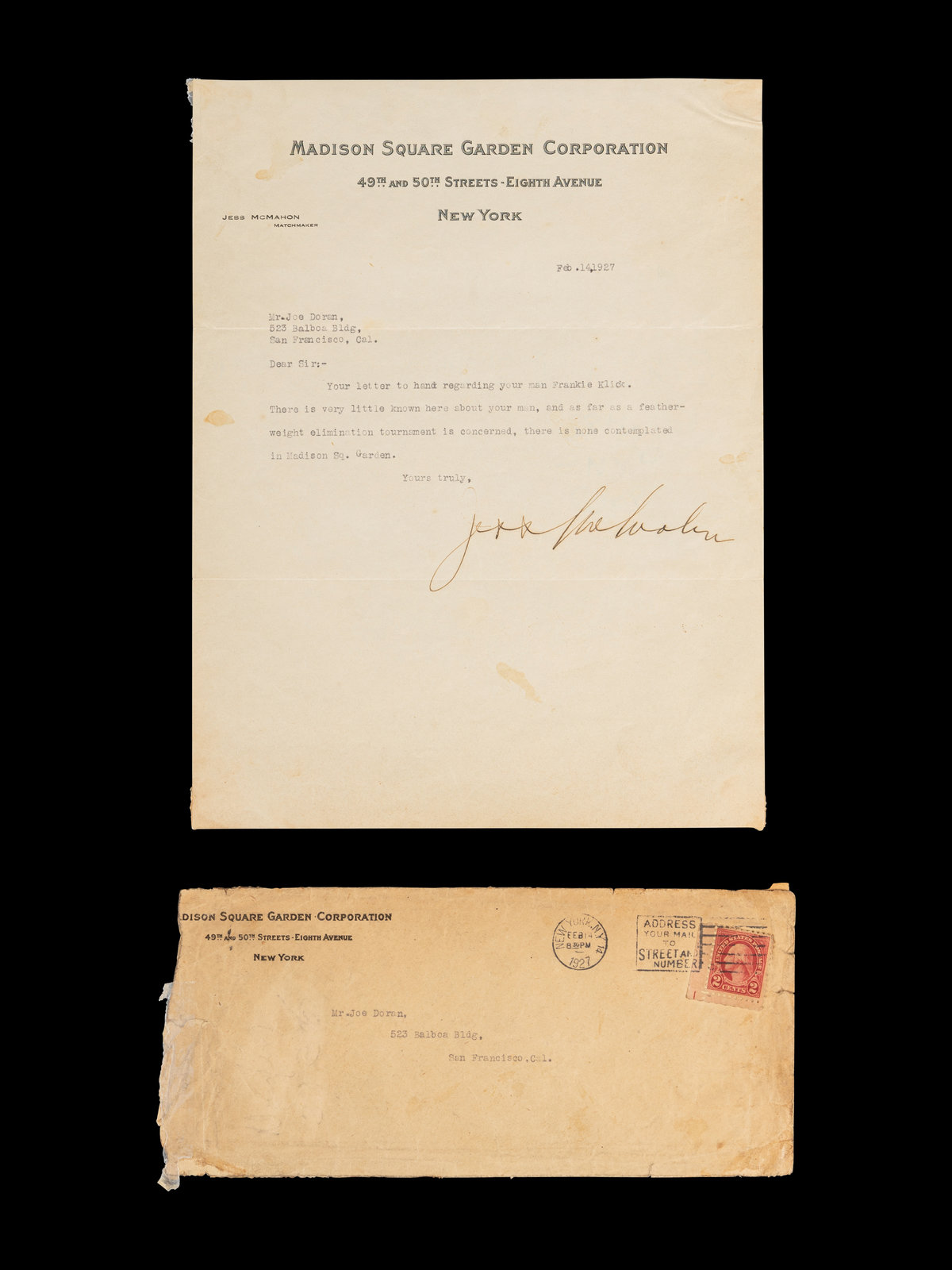 Appraisal: A Rare Jess McMahon Signed Autograph Letter on Madison Square