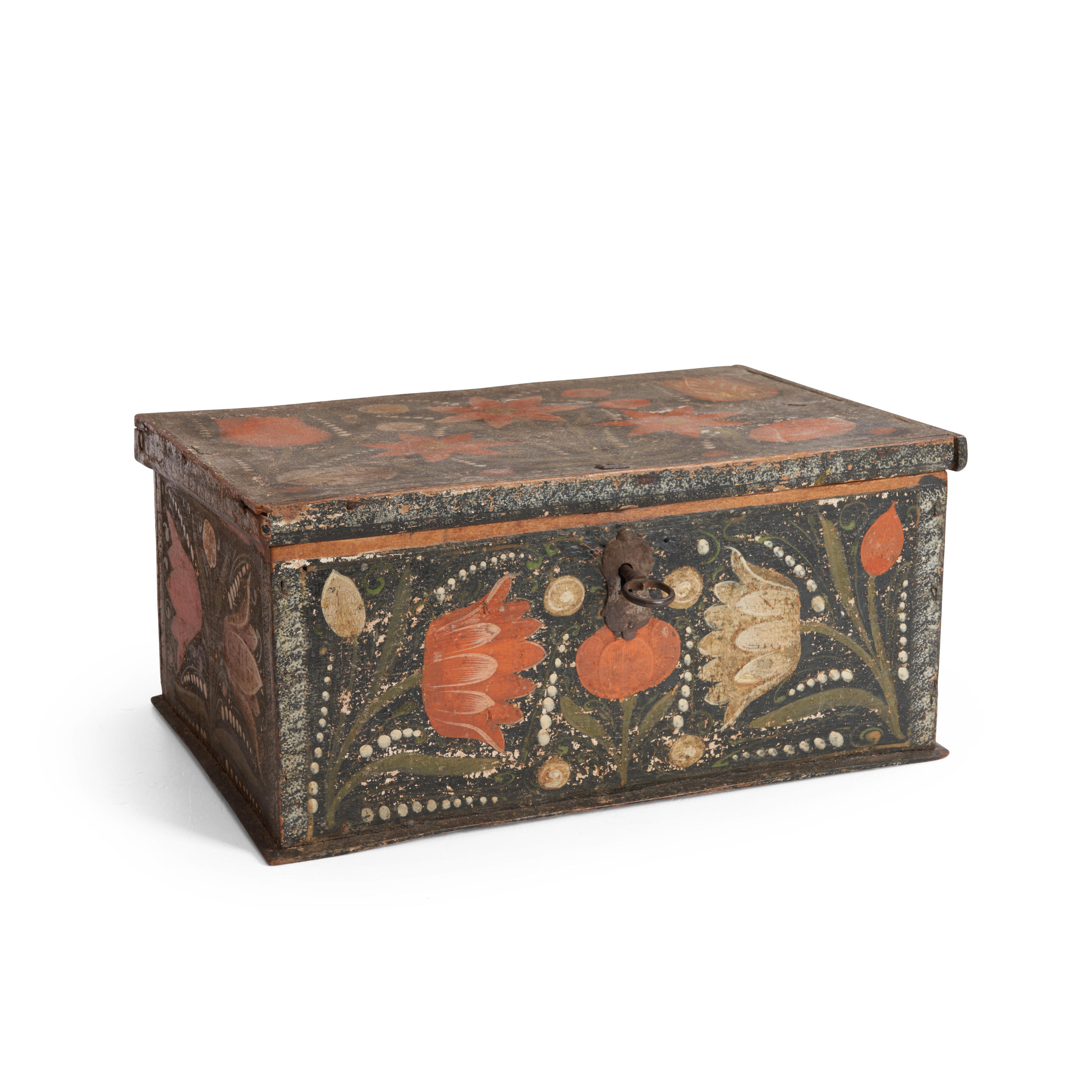 Appraisal: PAINTED BEECH DOCUMENT BOX Europe th century Cleated lid hinges