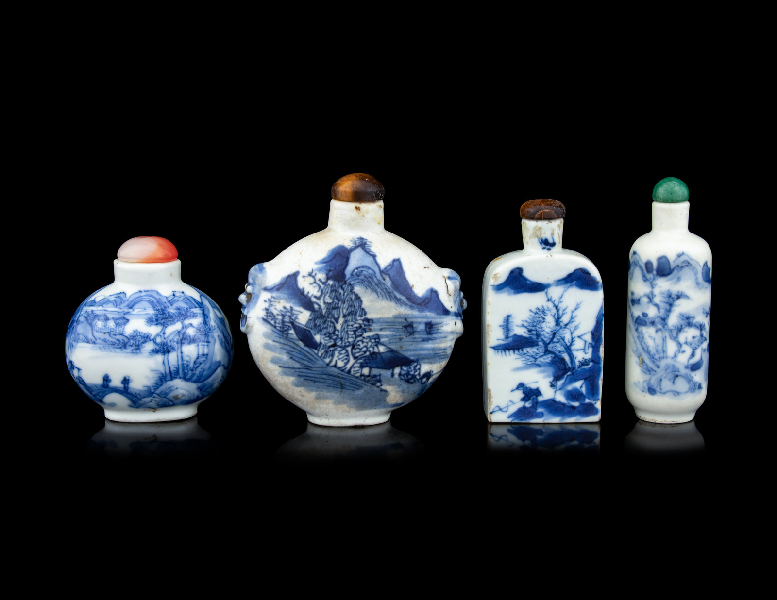 Appraisal: Four Blue and White Porcelain 'Landscape' Snuff Bottles th- th