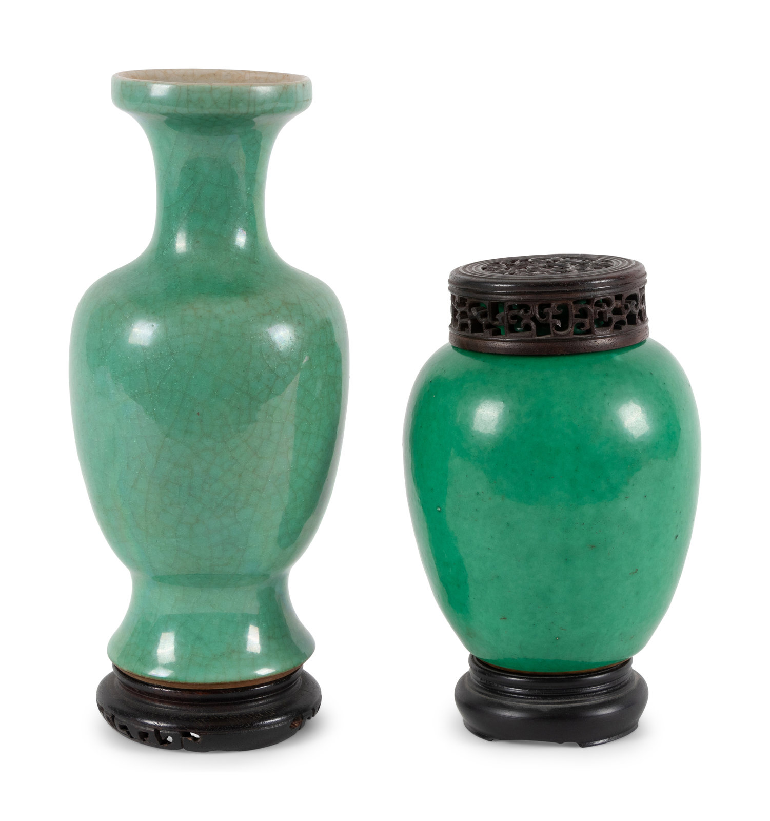 Appraisal: Two Chinese Monochrome Green Glazed Porcelain Vessels TH- TH CENTURY