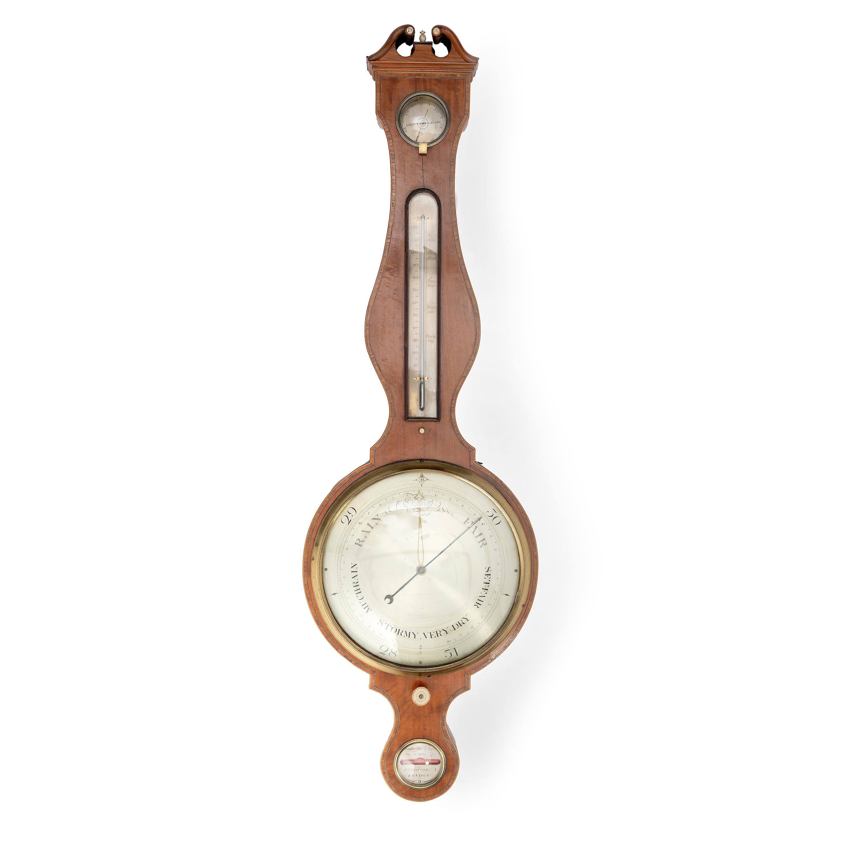 Appraisal: A EARLY TH CENTURY CROSSBANDED AND STRUNG SATINWOOD WHEEL BAROMETER