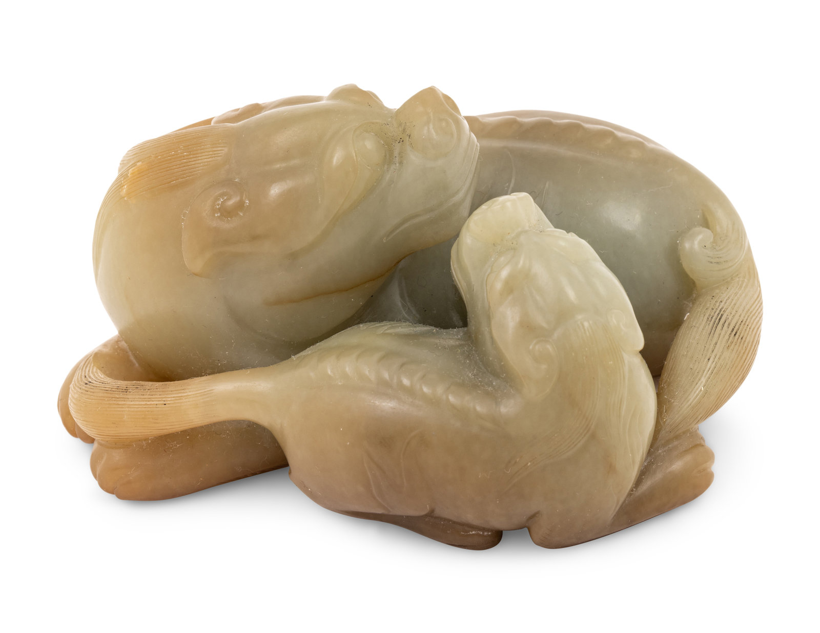 Appraisal: A Chinese Celadon and Russet Jade Carving of Two Mythical