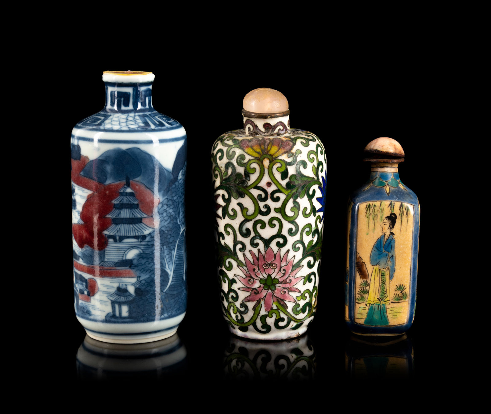 Appraisal: Three Chinese Snuff Bottles TH- TH CENTURY comprising a underglaze