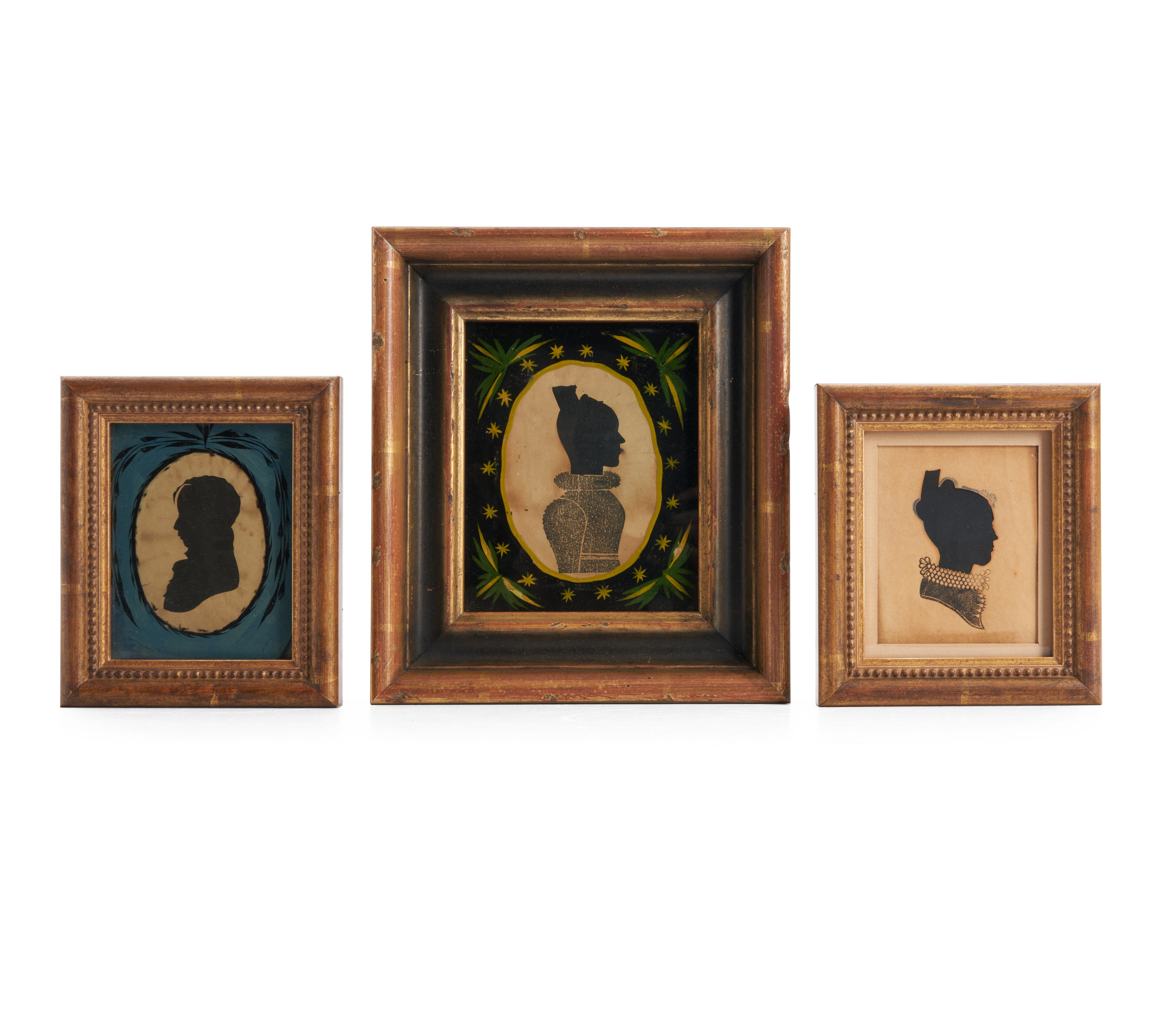 Appraisal: THREE FRAMED CUT SILHOUETTES America c Assembled group includes two