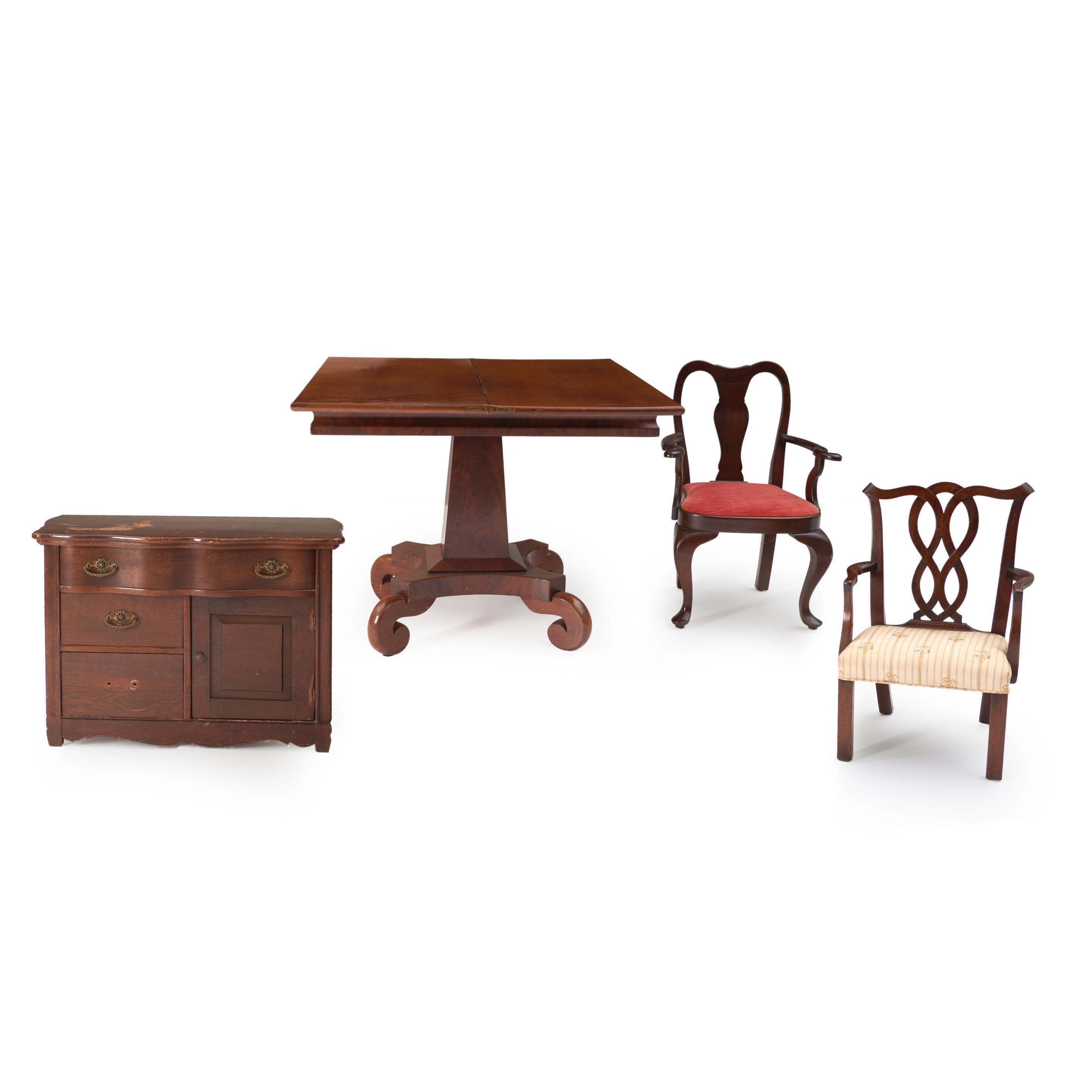 Appraisal: CLASSICAL MAHOGANY CARD TABLE VICTORIAN OAK COMMODE TWO CHILDRENS' CHAIRS