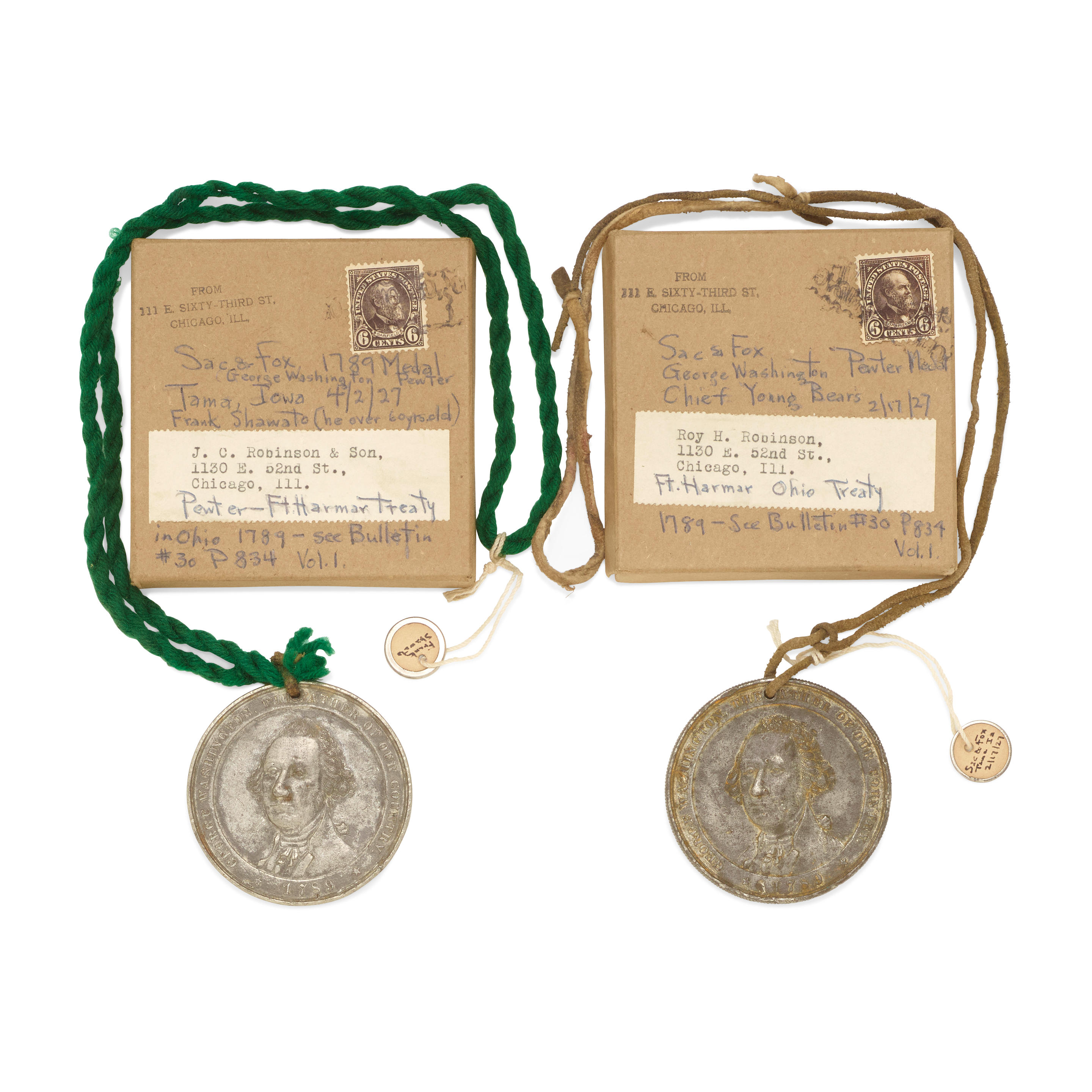 Appraisal: TWO IMITATION GEORGE WASHINGTON PEWTER MEDALS Each with a three-quarters