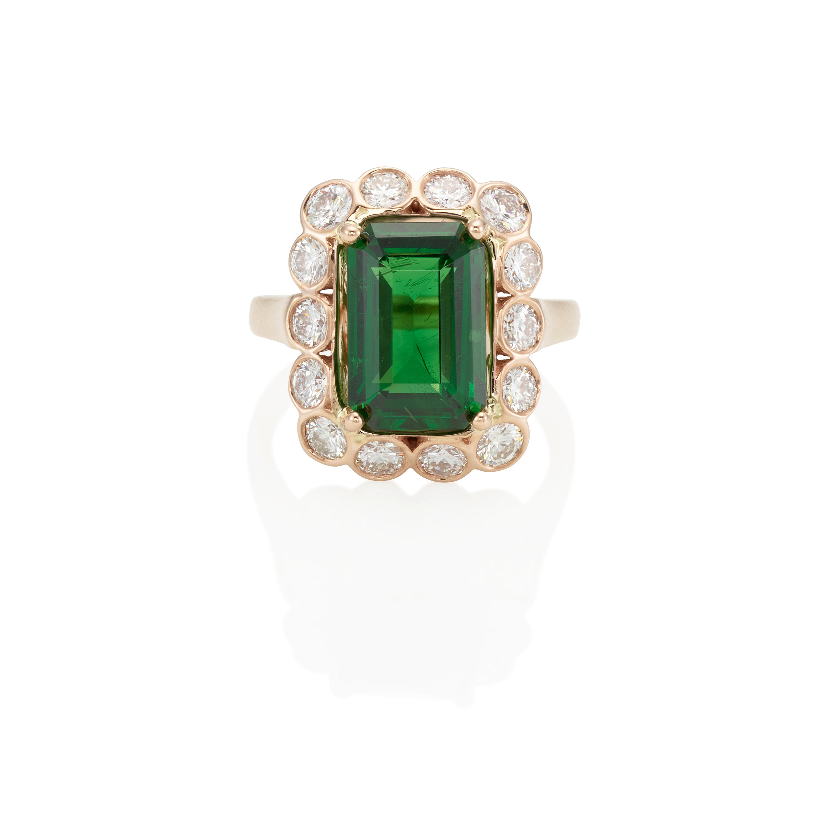 Appraisal: A K ROSE GOLD DIAMOND AND TSAVORITE GARNET RING Centering