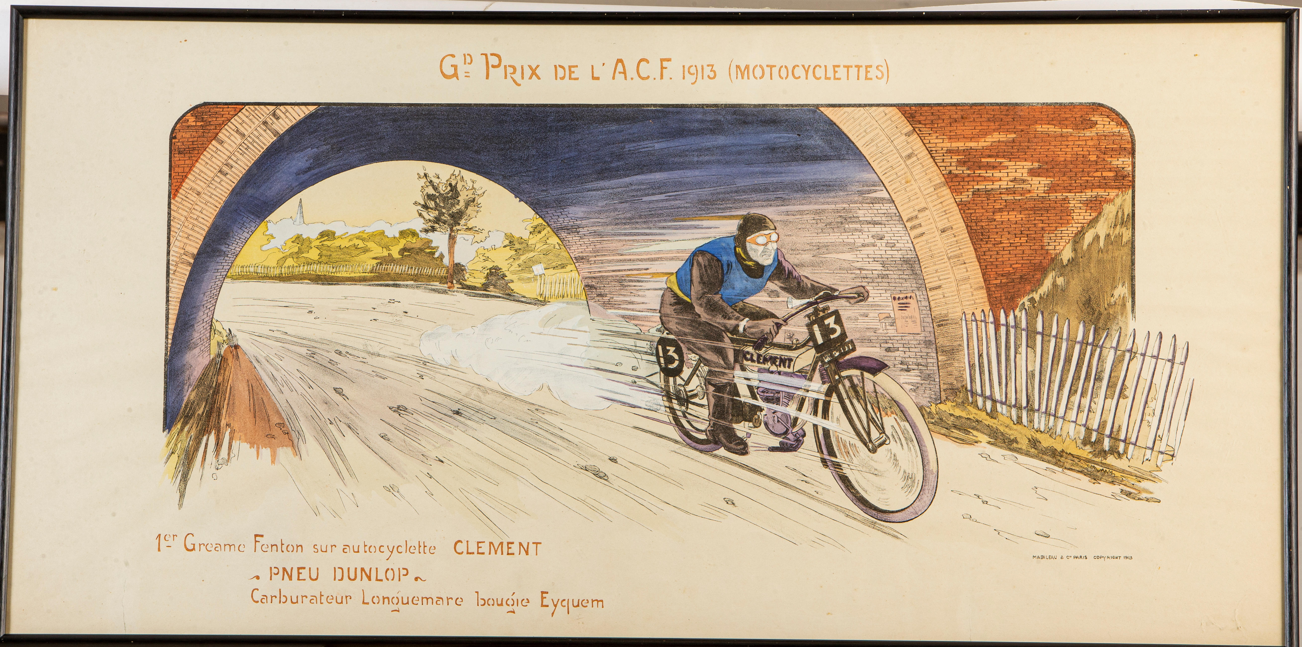 Appraisal: GRAND PRIX DE L'ACF MOTOCYCLETTES PRINT hand-coloured pochoir lithograph depicting