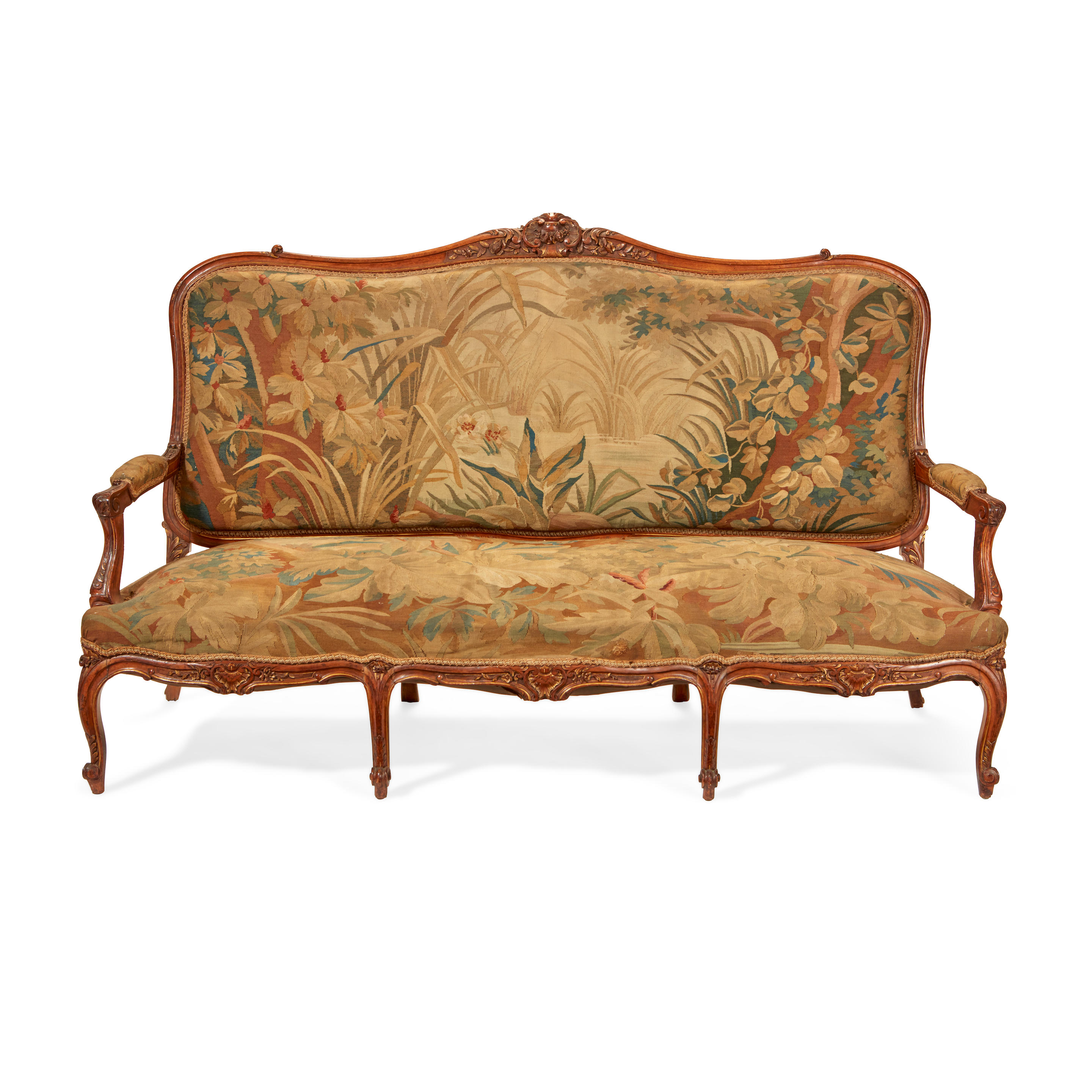 Appraisal: A LOUIS XV STYLE AUBUSSON UPHOLSTERED CARVED WALNUT SETTEE Circa