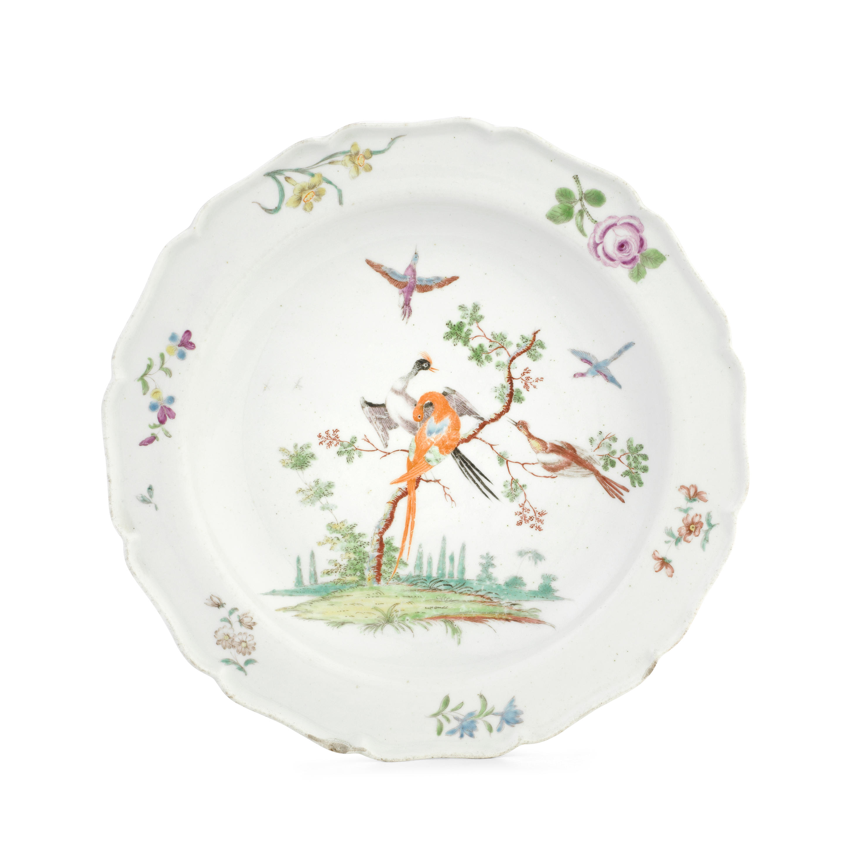 Appraisal: A WORCESTER 'MOBBING BIRDS' PLATE CIRCA - Of lobed Meissen