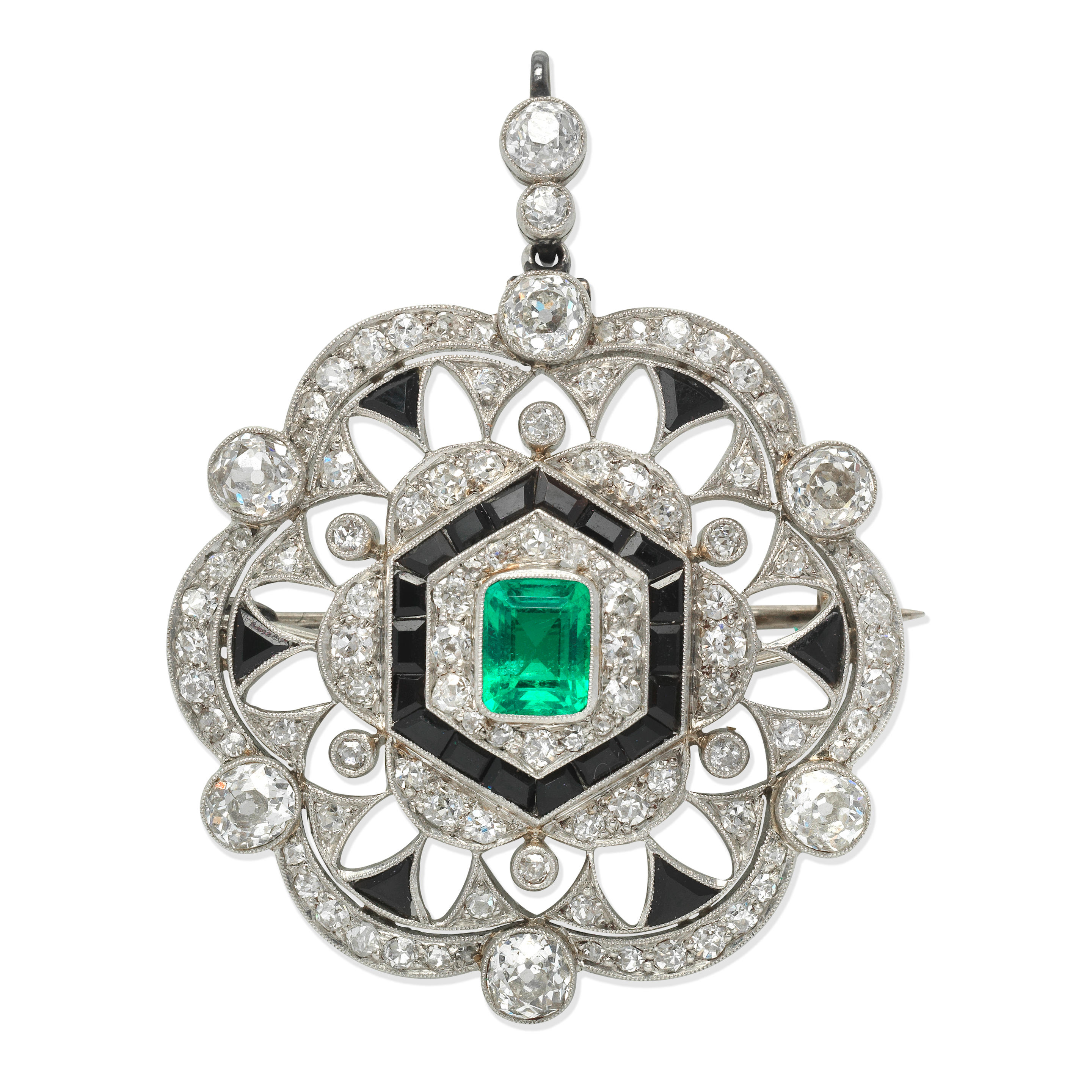 Appraisal: EMERALD ONYX AND DIAMOND PENDANT BROOCH CIRCA Of pierced floral