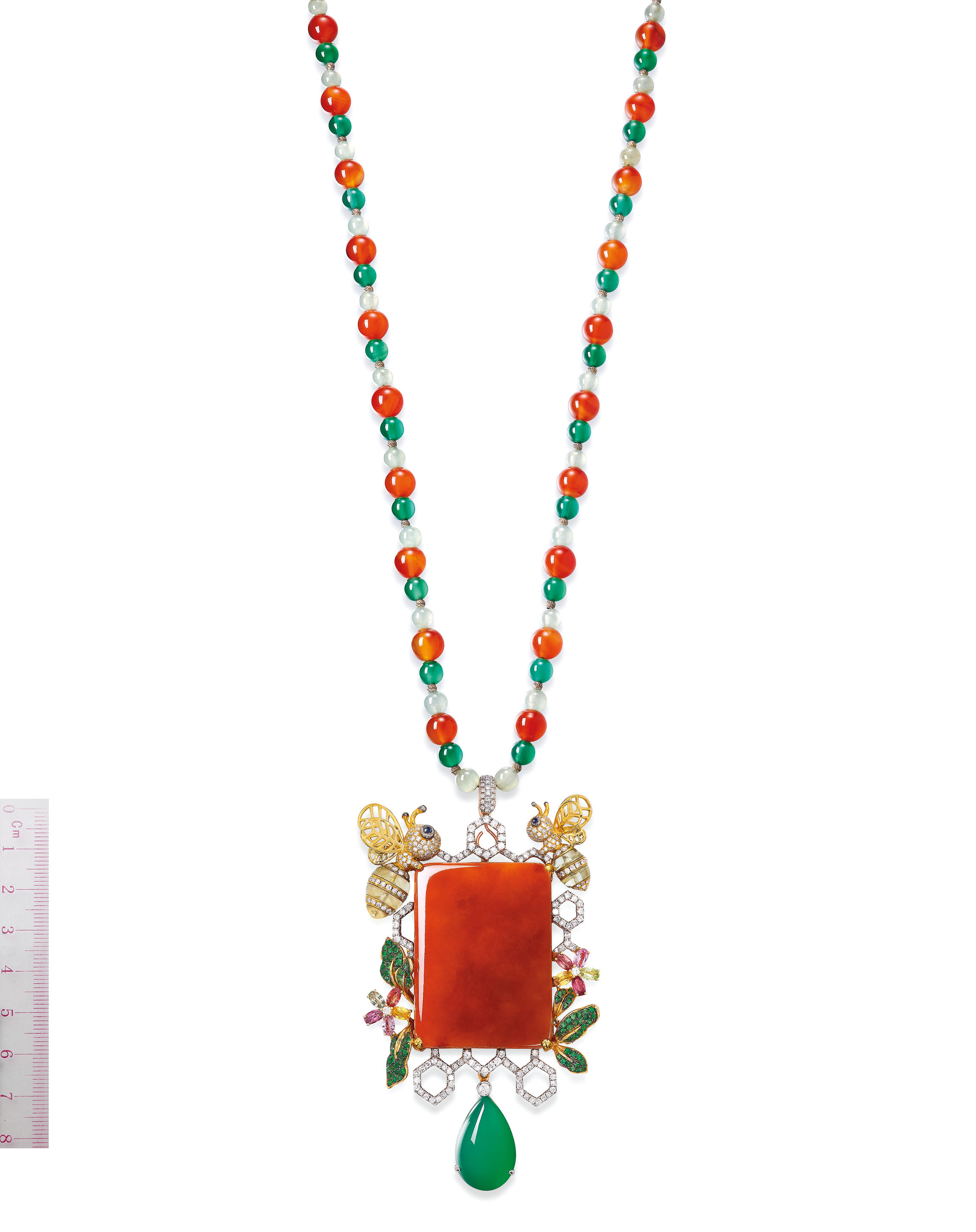 Appraisal: RED JADEITE GEM-SET AND DIAMOND 'HONEY BEES' PENDANT NECKLACE Designed