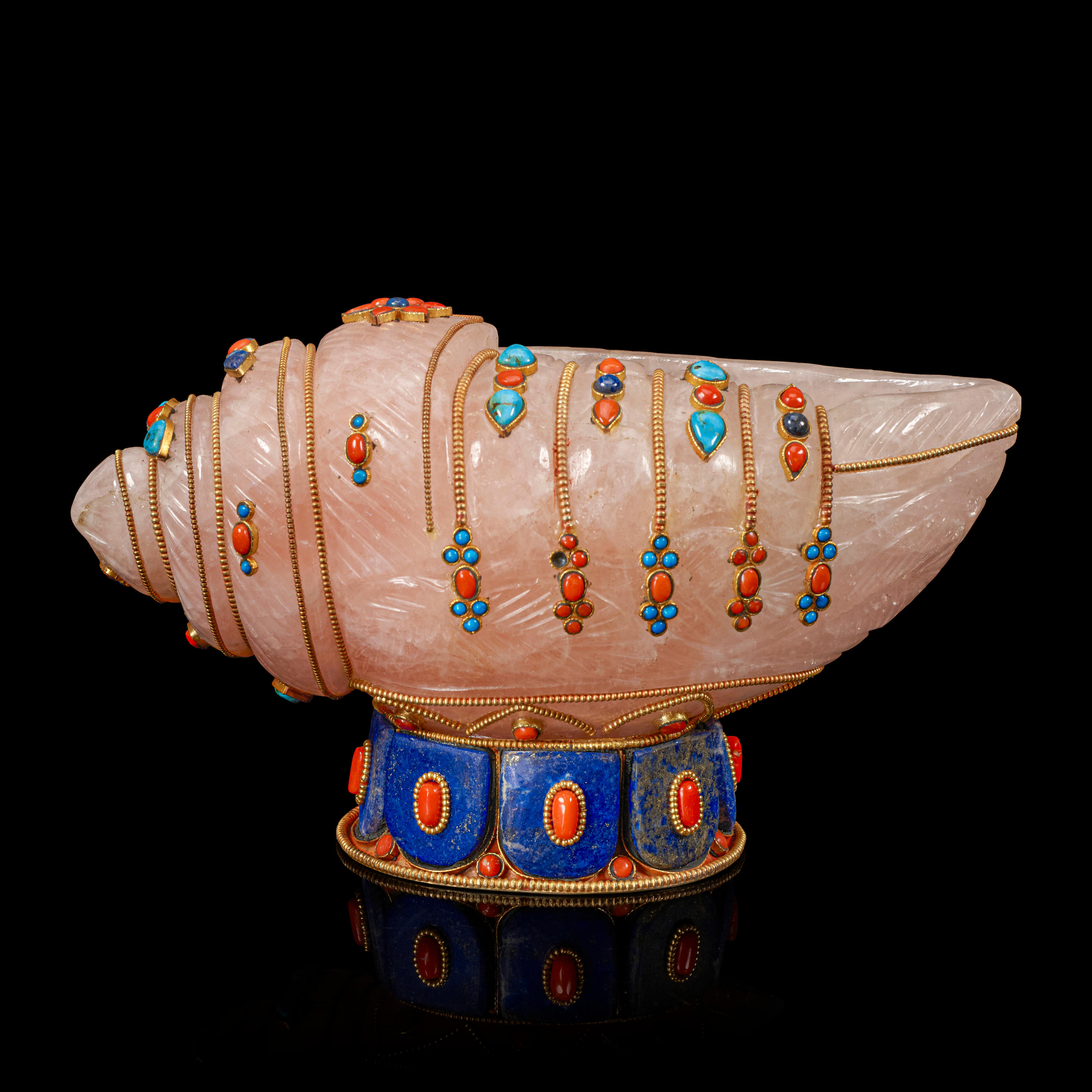 Appraisal: ROSE QUARTZ CARVED SHELL BOWL WITH LAPIS TURQUOISE AND CORAL