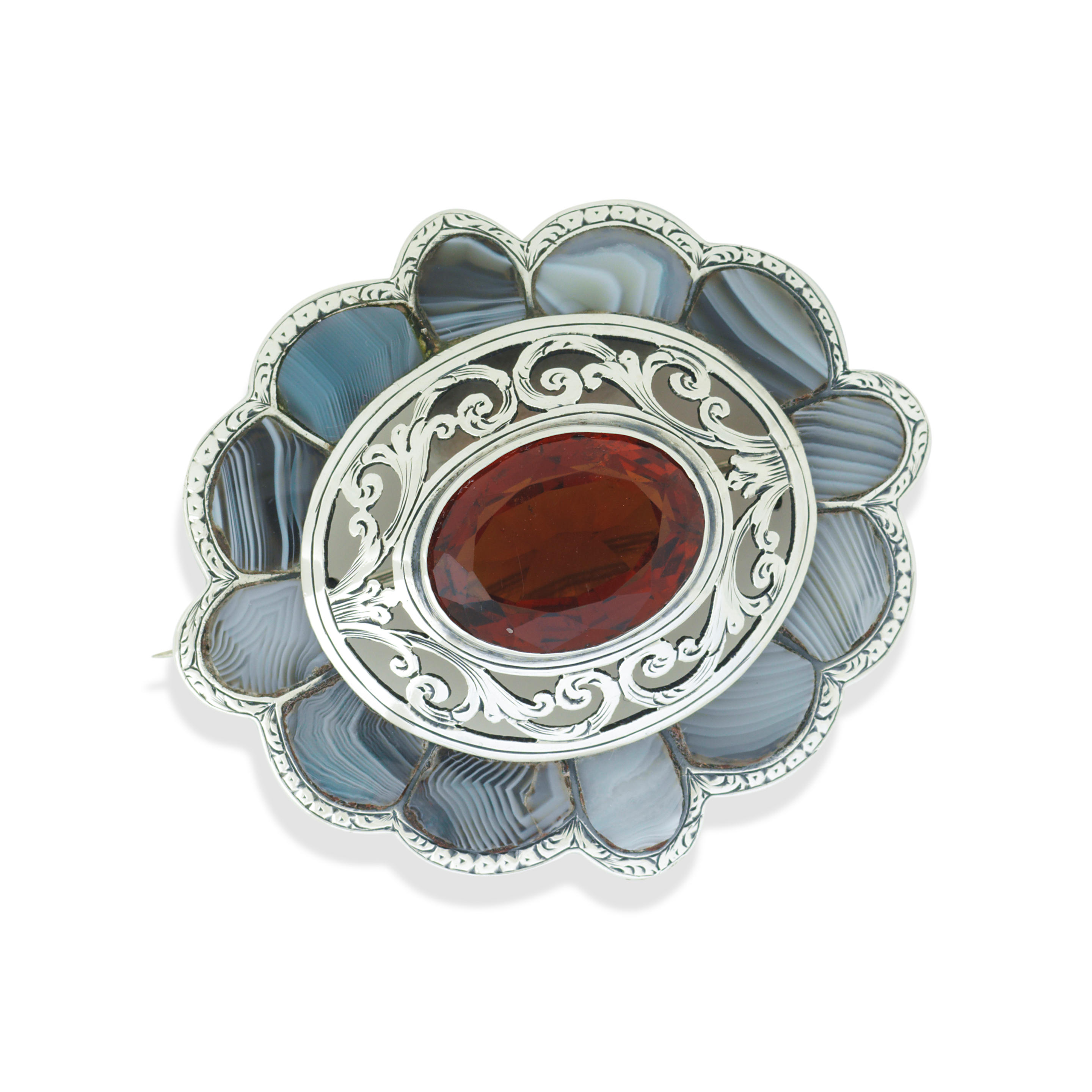 Appraisal: A SILVER CITRINE AND HARDSTONE BROOCH VICTORIAN Of shaped oval