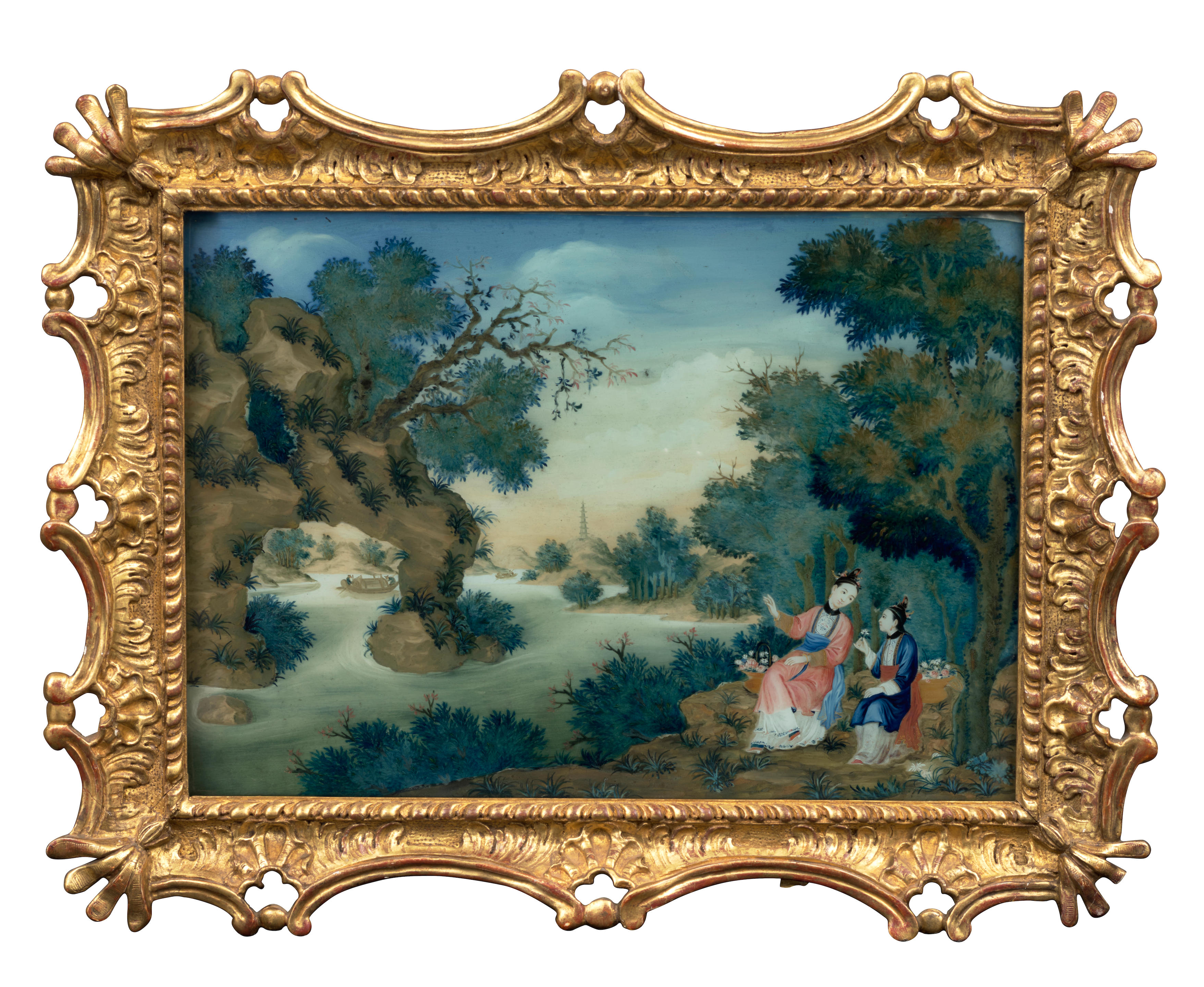 Appraisal: A REVERSE GLASS MIRROR PAINTING OF TWO ELEGANT LADIES SEATED