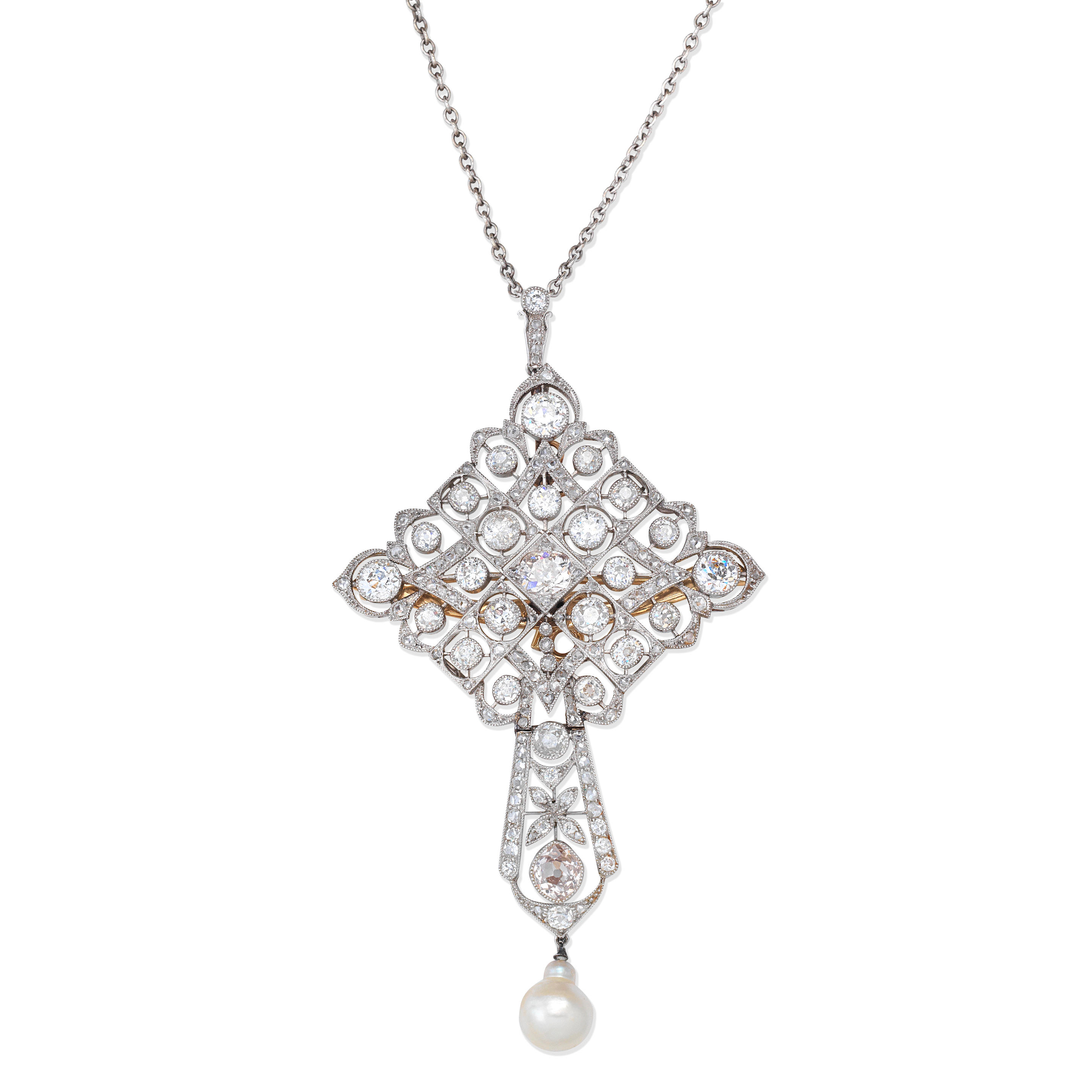 Appraisal: DIAMOND AND PEARL BROOCH PENDANT Of openwork cartouche design set