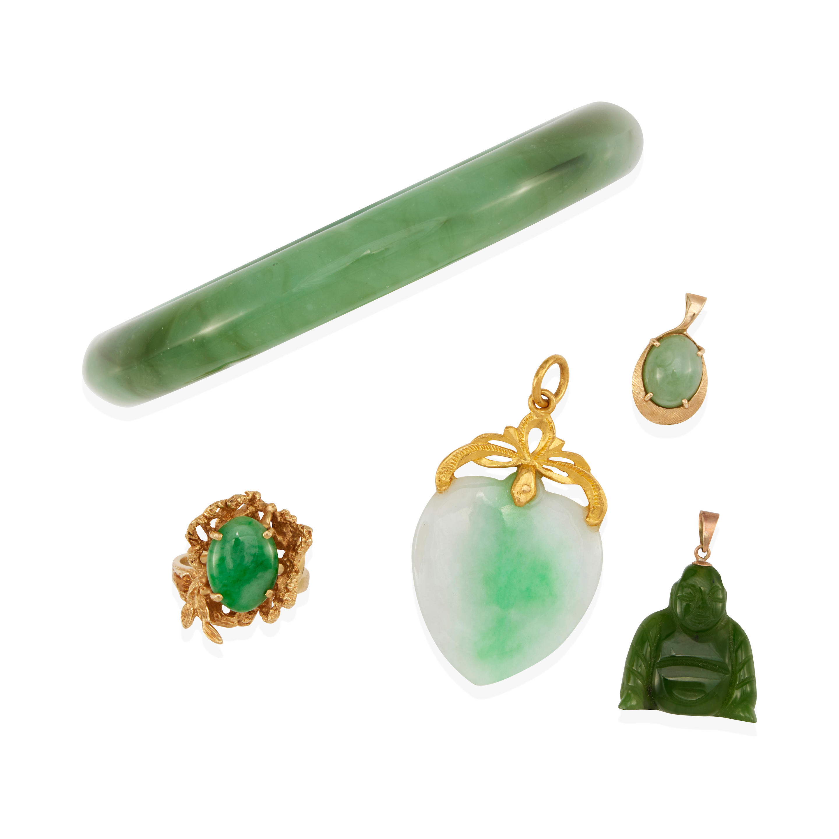 Appraisal: GROUP OF GOLD AND JADE PENDANTS RING AND BRACELET Endless