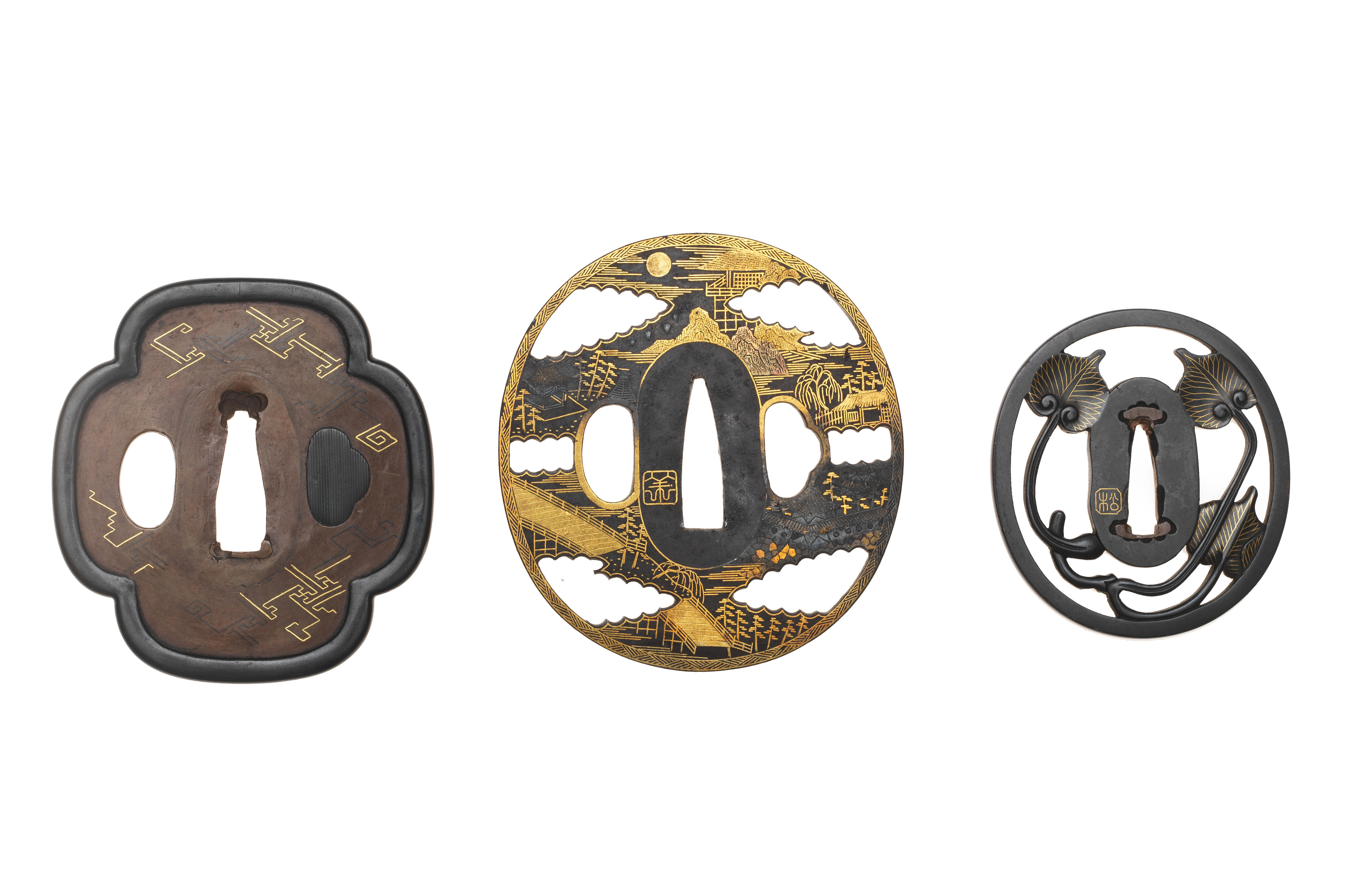 Appraisal: THREE INLAID TSUBA SWORD GUARDS Edo period - th to