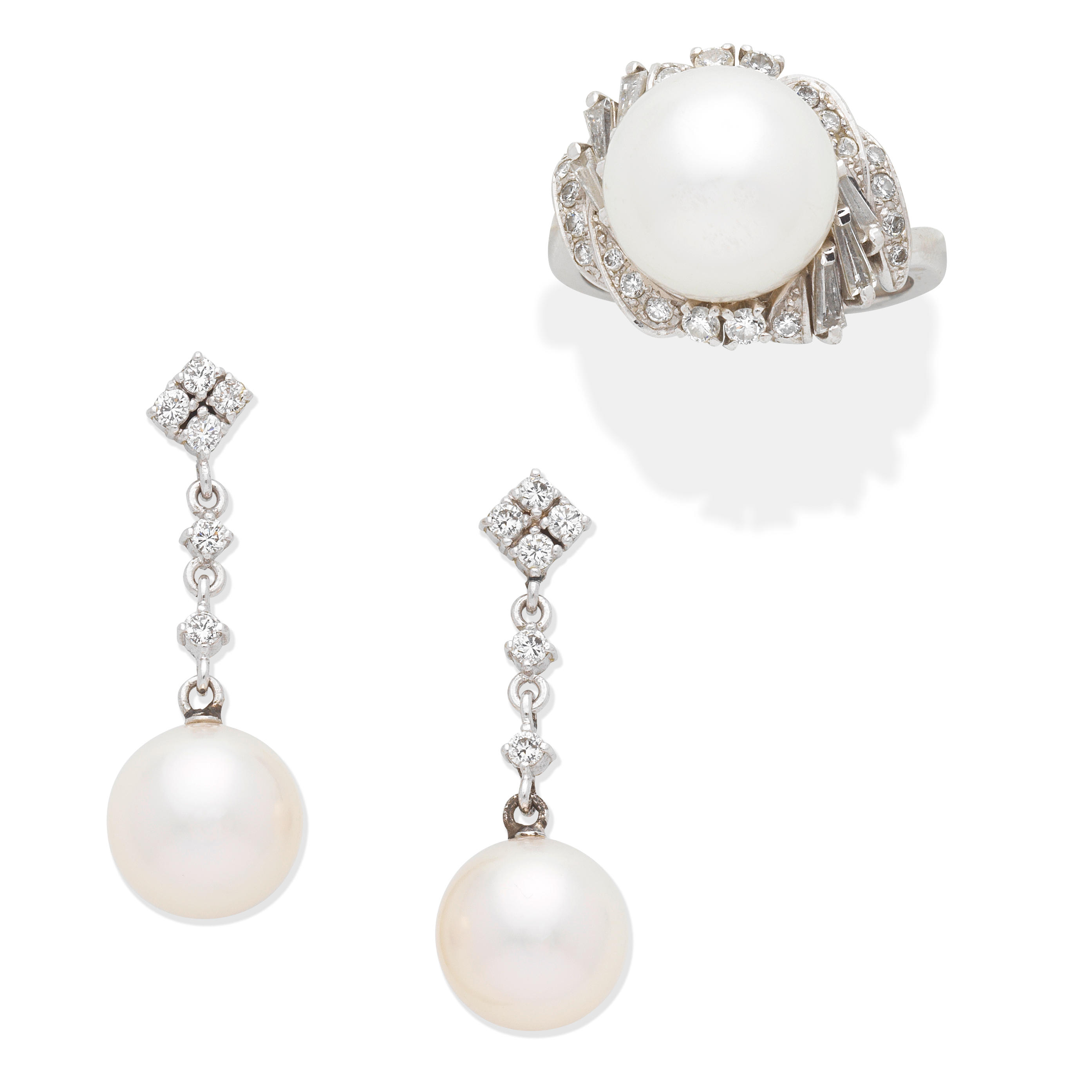 Appraisal: CULTURED PEARL AND DIAMOND EARRINGS AND RING st Each earring