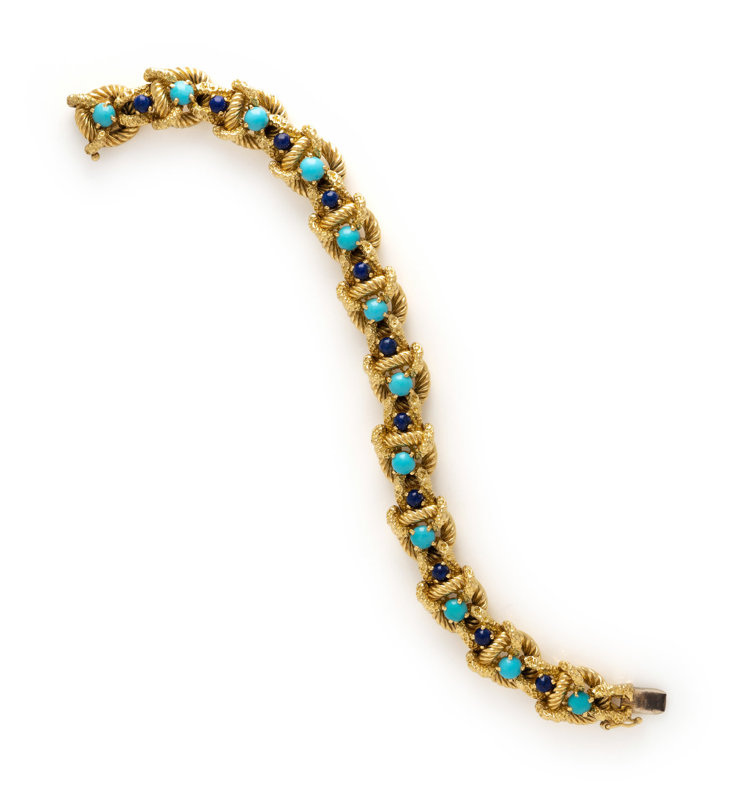 Appraisal: YELLOW GOLD TURQUOISE AND LAPIS LAZULI BRACELET Consisting of textured