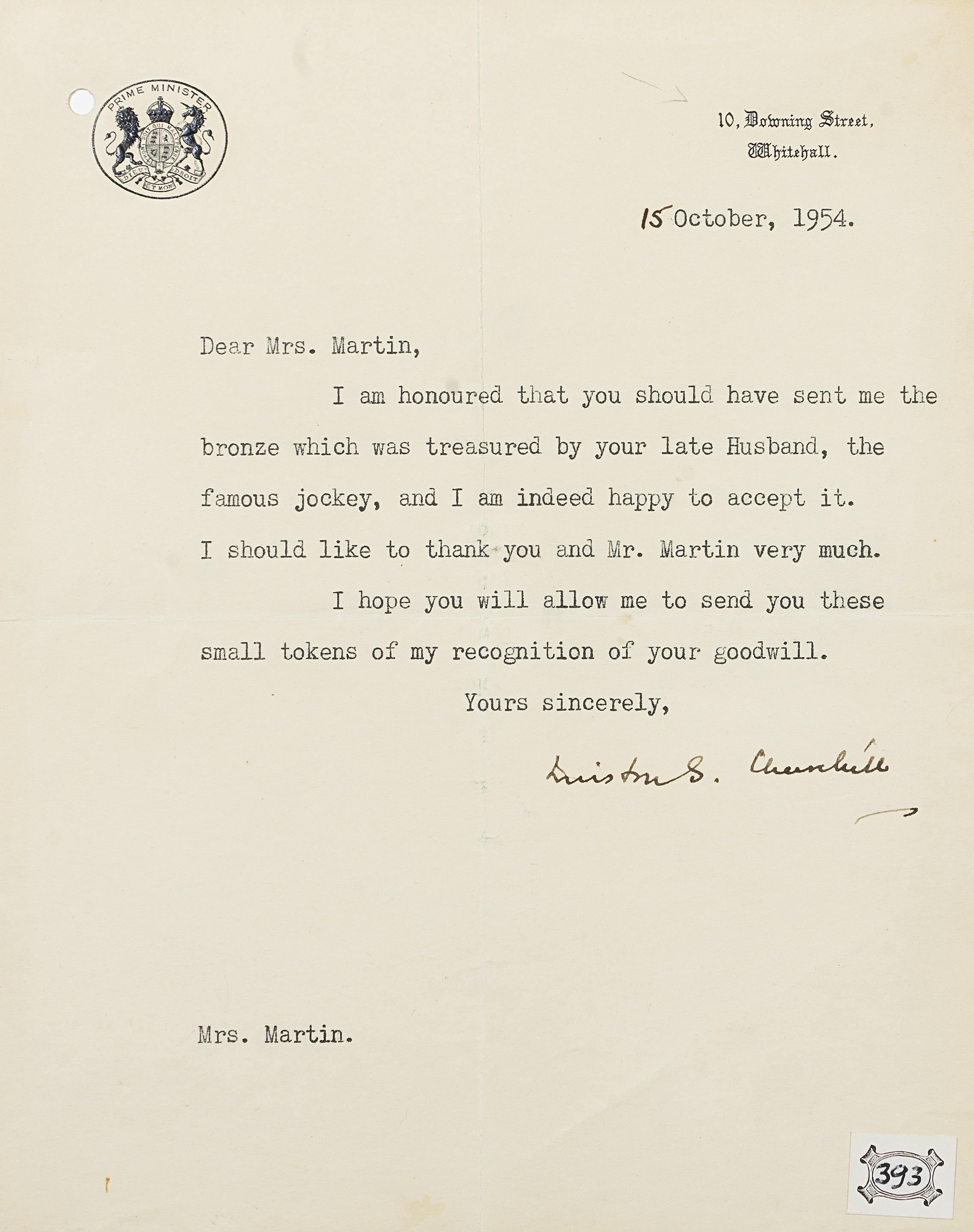 Appraisal: CHURCHILL WINSTON Typed letter signed Winston S Churchill as Prime