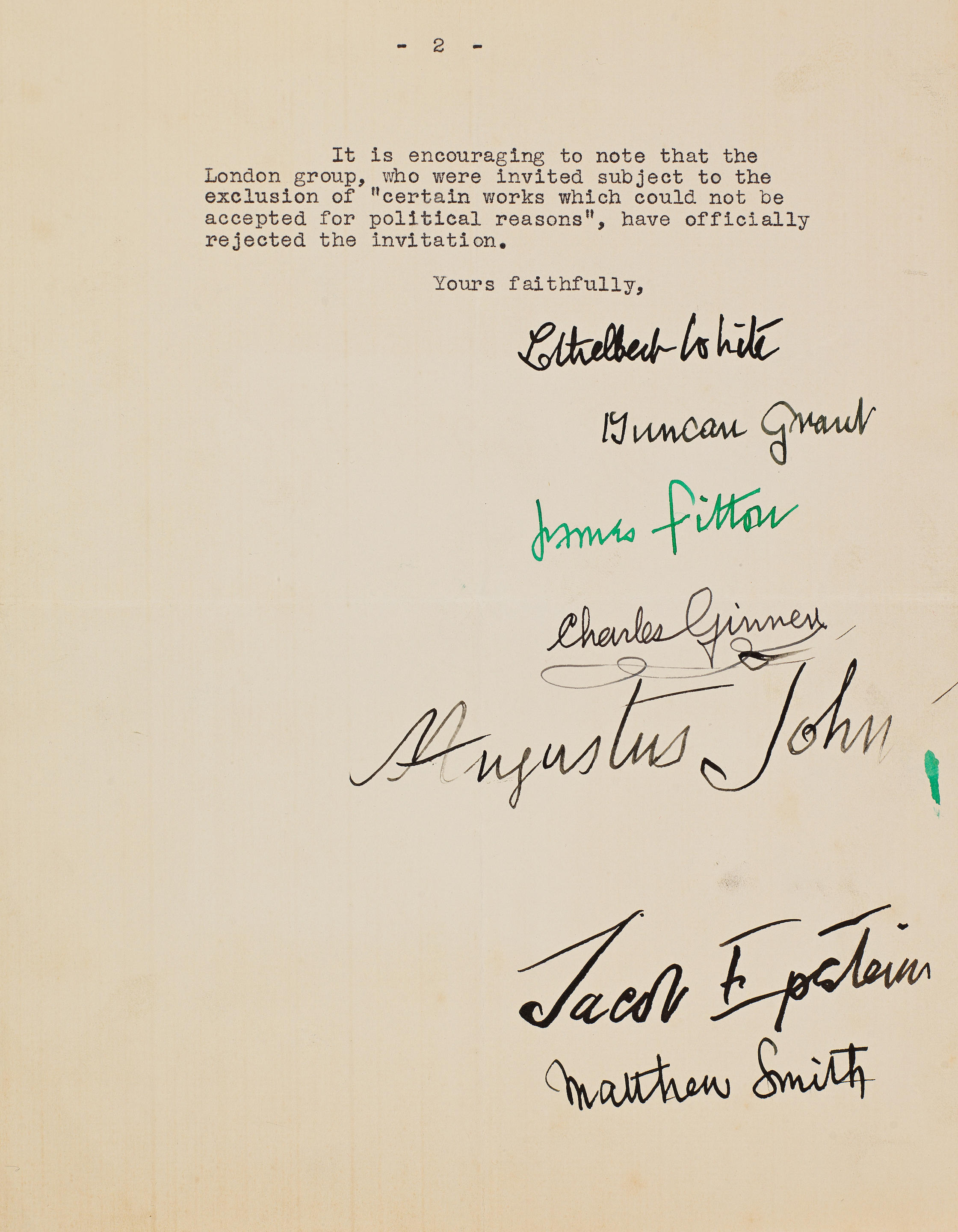 Appraisal: ARTISTS AGAINST NAZI PROPAGANDA Joint typed letter signed by Duncan