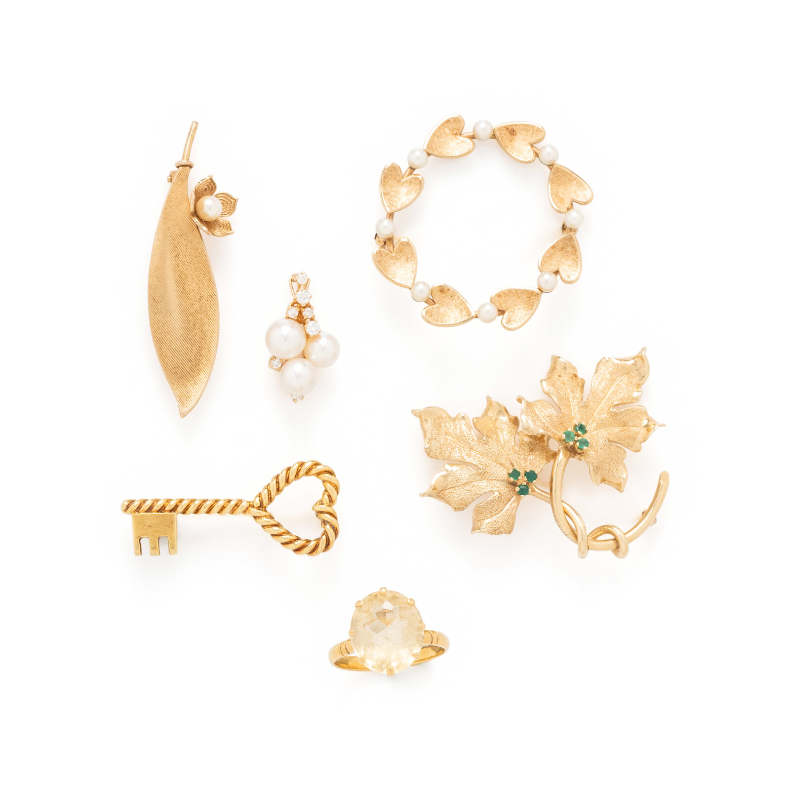 Appraisal: COLLECTION OF YELLOW GOLD AND GEMSTONE JEWELRY Including a leaf