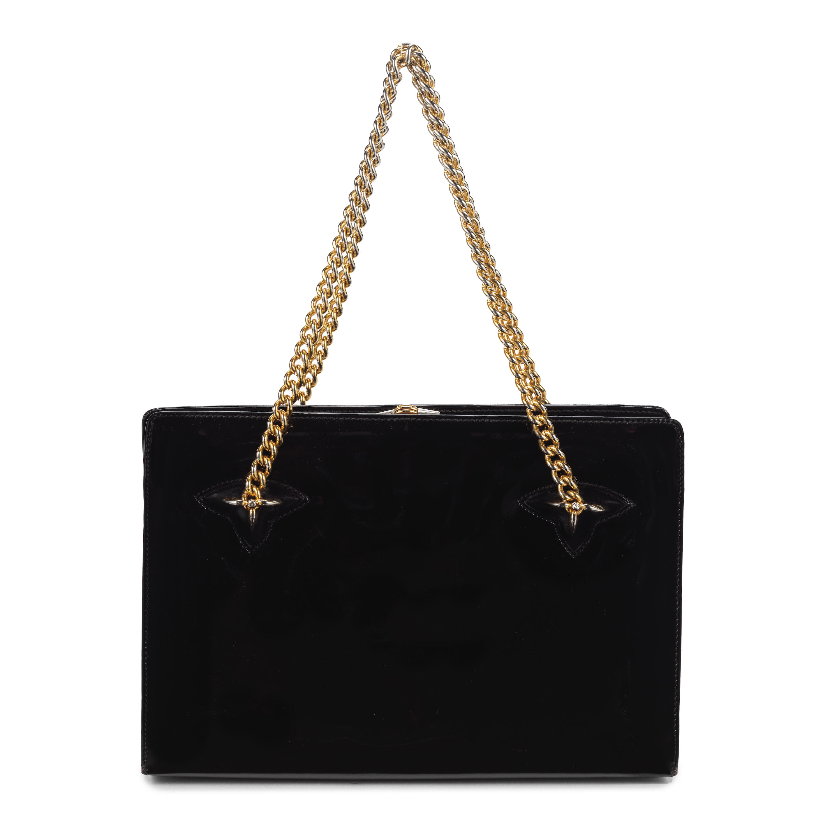 Appraisal: GUCCI A BLACK PATENT LEATHER SHOULDER BAG s Chunky gold