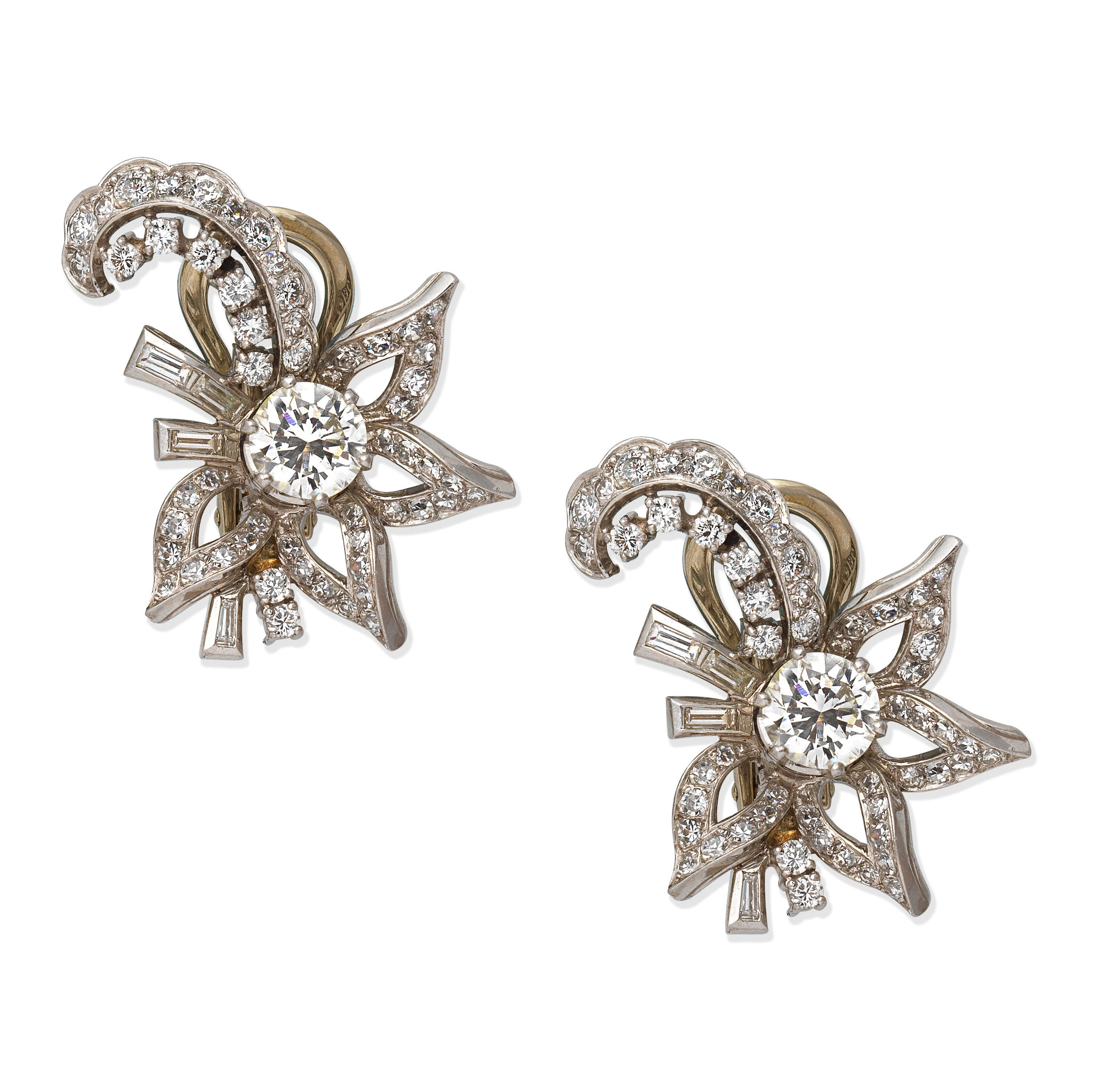 Appraisal: DIAMOND EARRINGS Brilliant single and baguette-cut diamonds principal diamonds approx