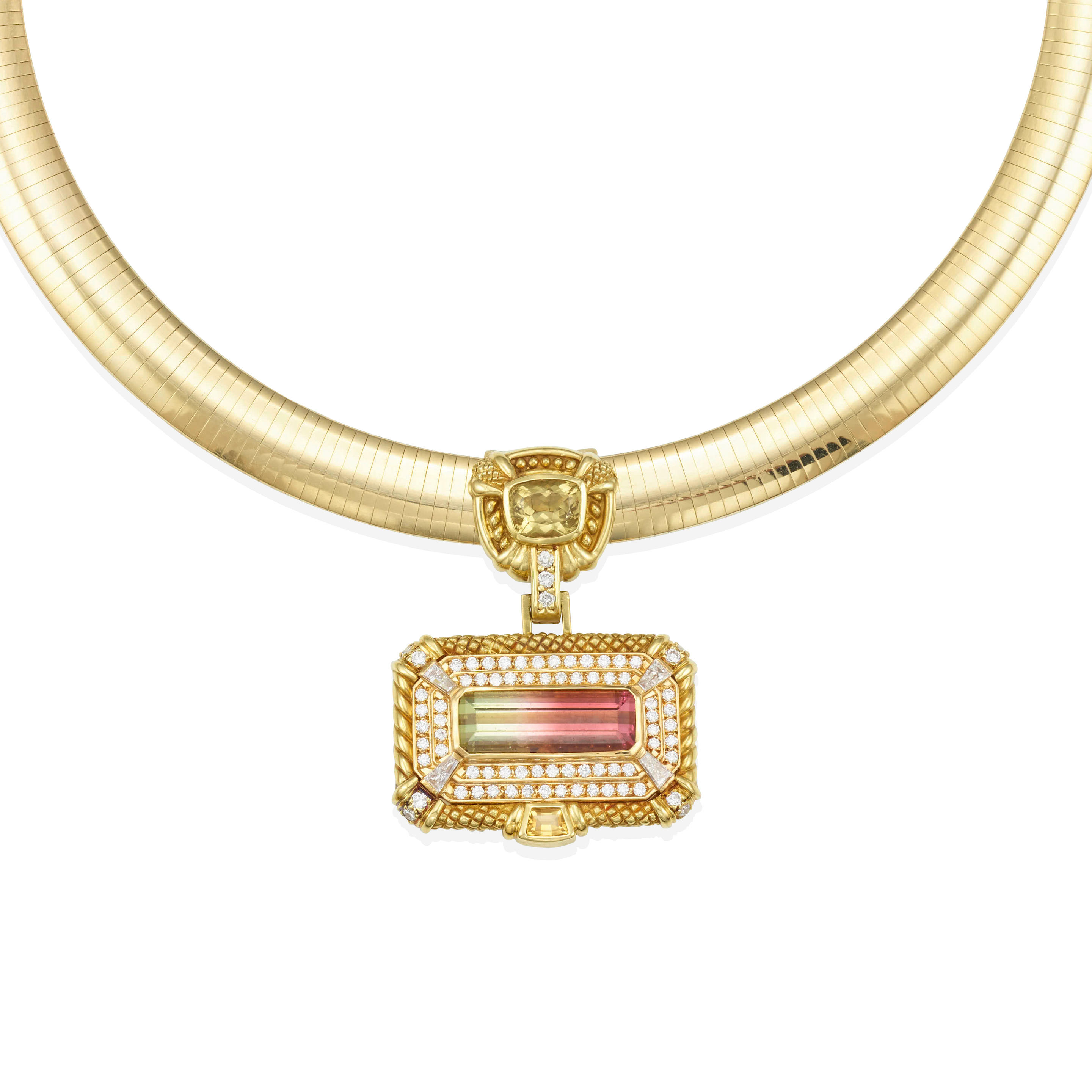 Appraisal: A GOLD TOURMALINE DIAMOND AND GEM-SET NECKLACE A k gold